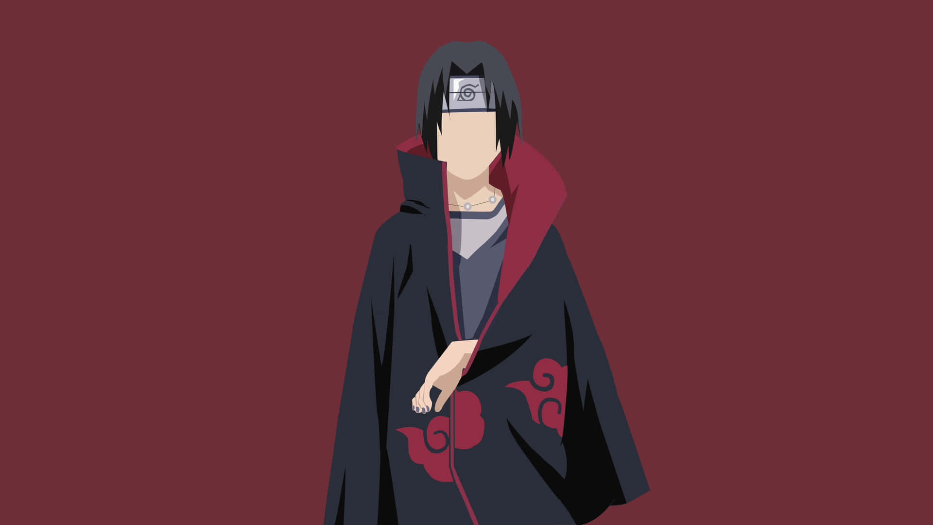 動漫忍者身穿黑色斗篷，上有紅色雲朵，背景為栗色。