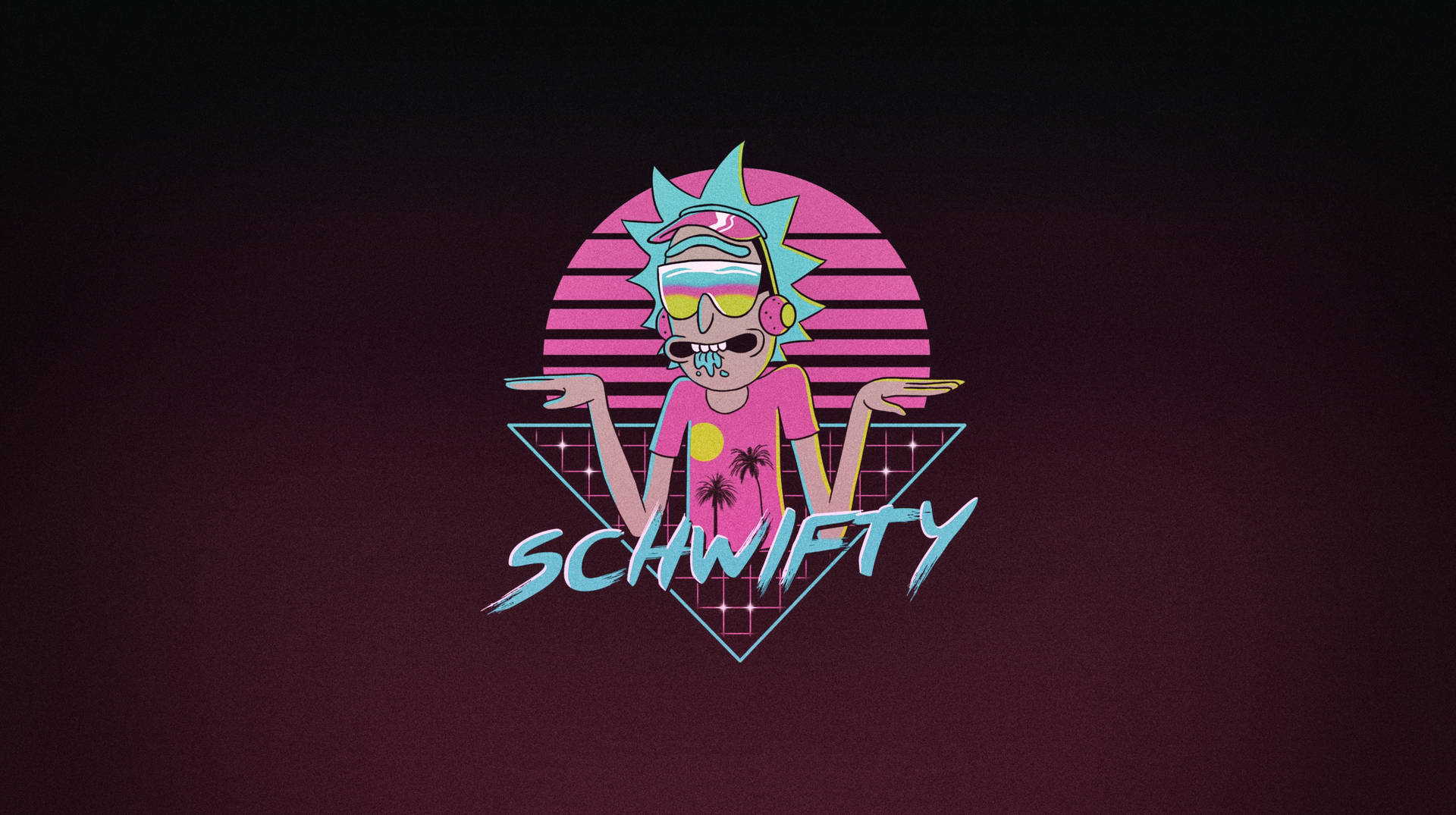 Rick Sanchez 戴著太陽眼鏡和粉紅色襯衫，在粉紅色日落背景下帶有「SCHWIFTY」文字。