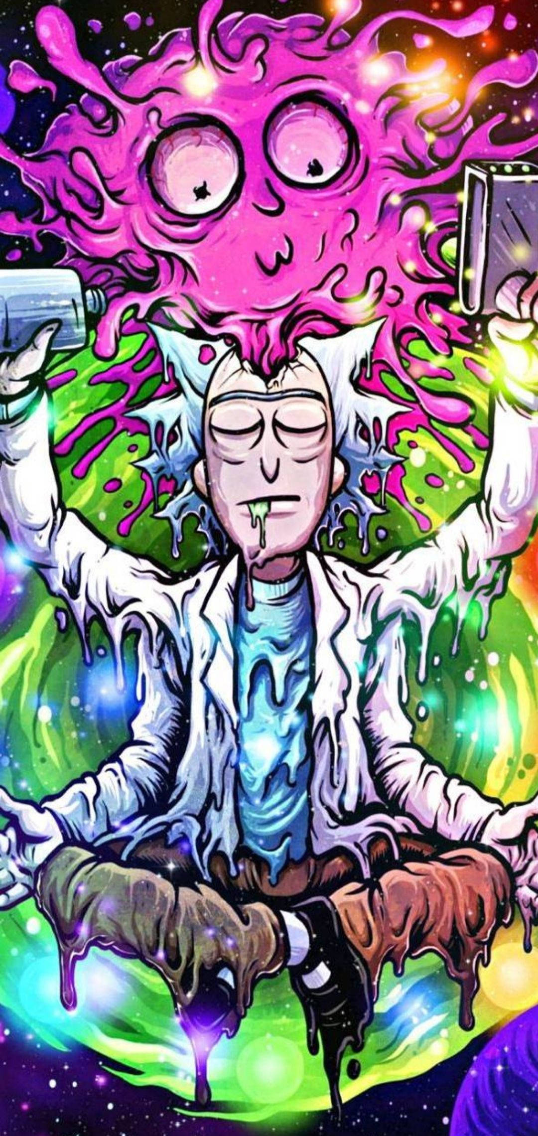 酷炫瑞克與莫蒂冥想 壁紙 — 一位卡通科學家正在冥想，同時一個粉紅色的宇宙實體從他的頭上滴落，背景是充滿活力的星系。