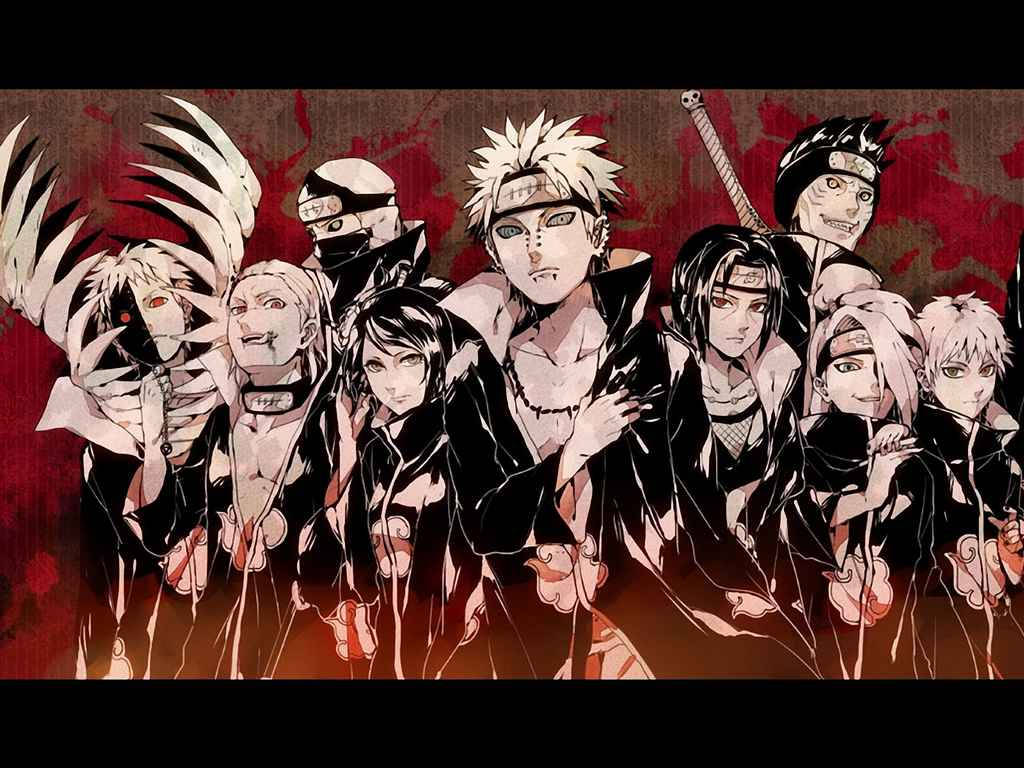 動漫忍者角色身穿黑色斗篷、帶有紅色雲紋，背景為血紅色。 — 酷 naruto 壁紙