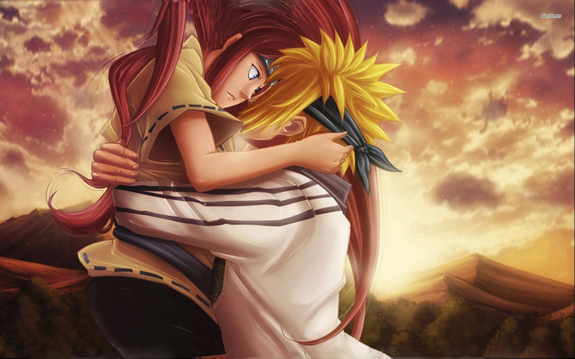 兩個動漫角色在戲劇性的雲彩下，於夕陽中緊緊擁抱。 — 酷 naruto 壁紙