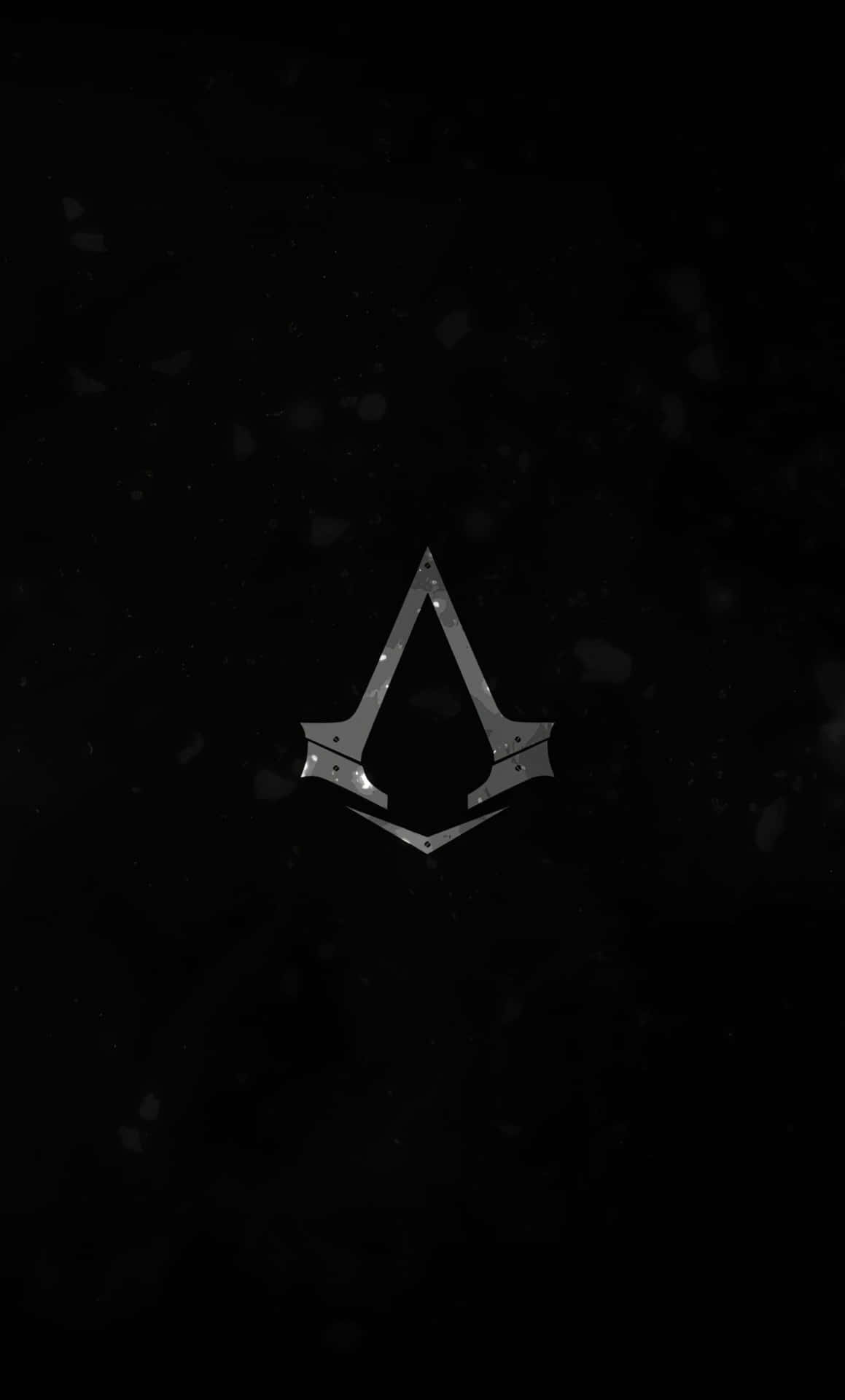 Assassin's Creed 標誌在黑暗空間中發光，帶有浮動粒子