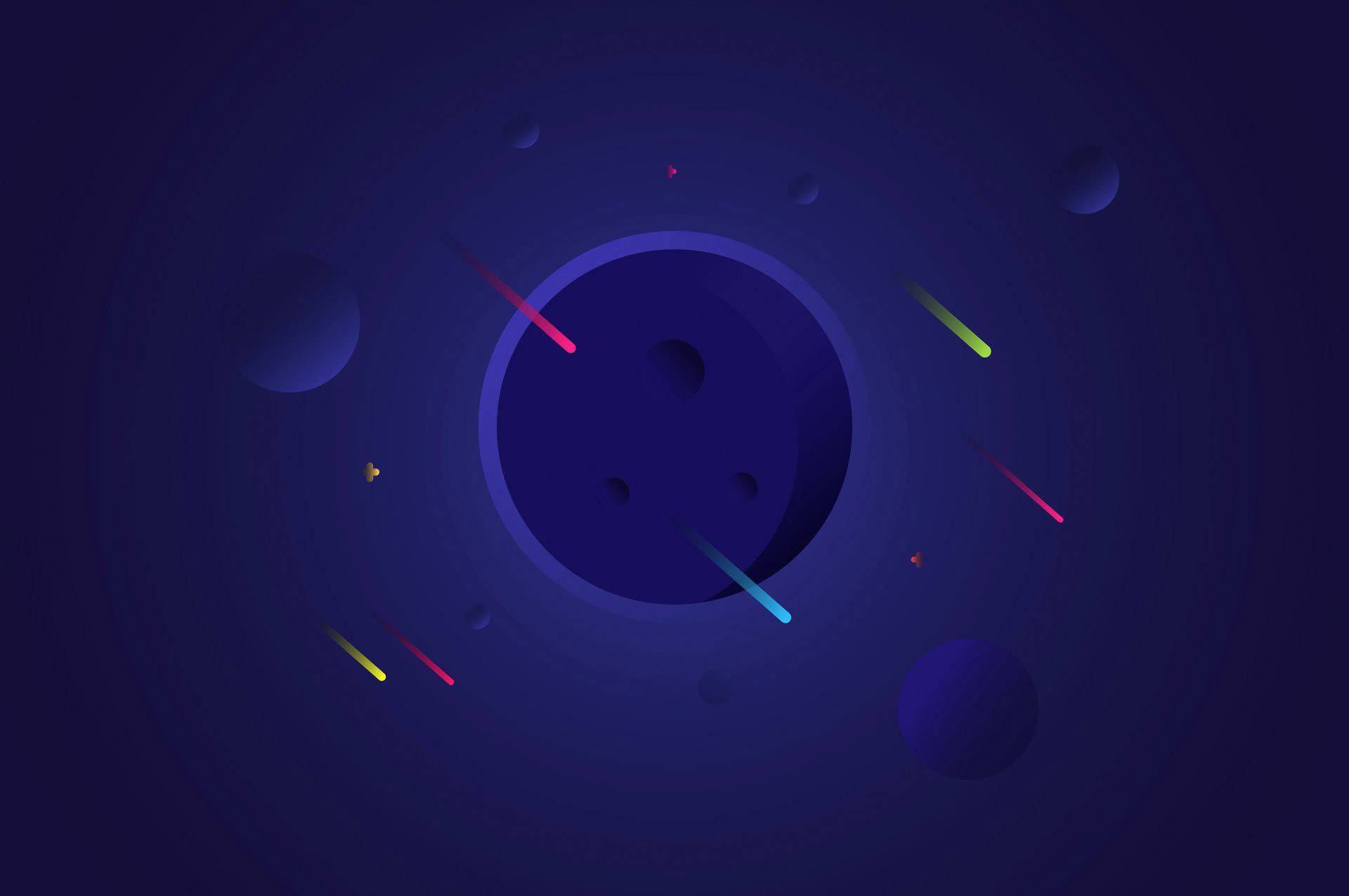 酷炫簡約抽象行星 壁紙 — 一個宇宙場景，發光的條紋和球體漂浮在深藍色空間中。