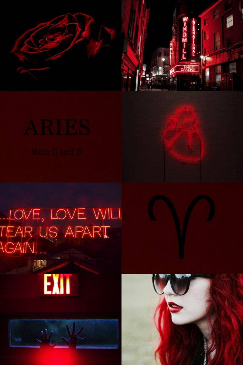 酷炫紅色 Aries 風格 壁紙 — 以深紅色為主題的拼貼畫， featuring 玫瑰霓虹燈牌、星座符號和一位在戲劇性燈光下的紅髮女子。