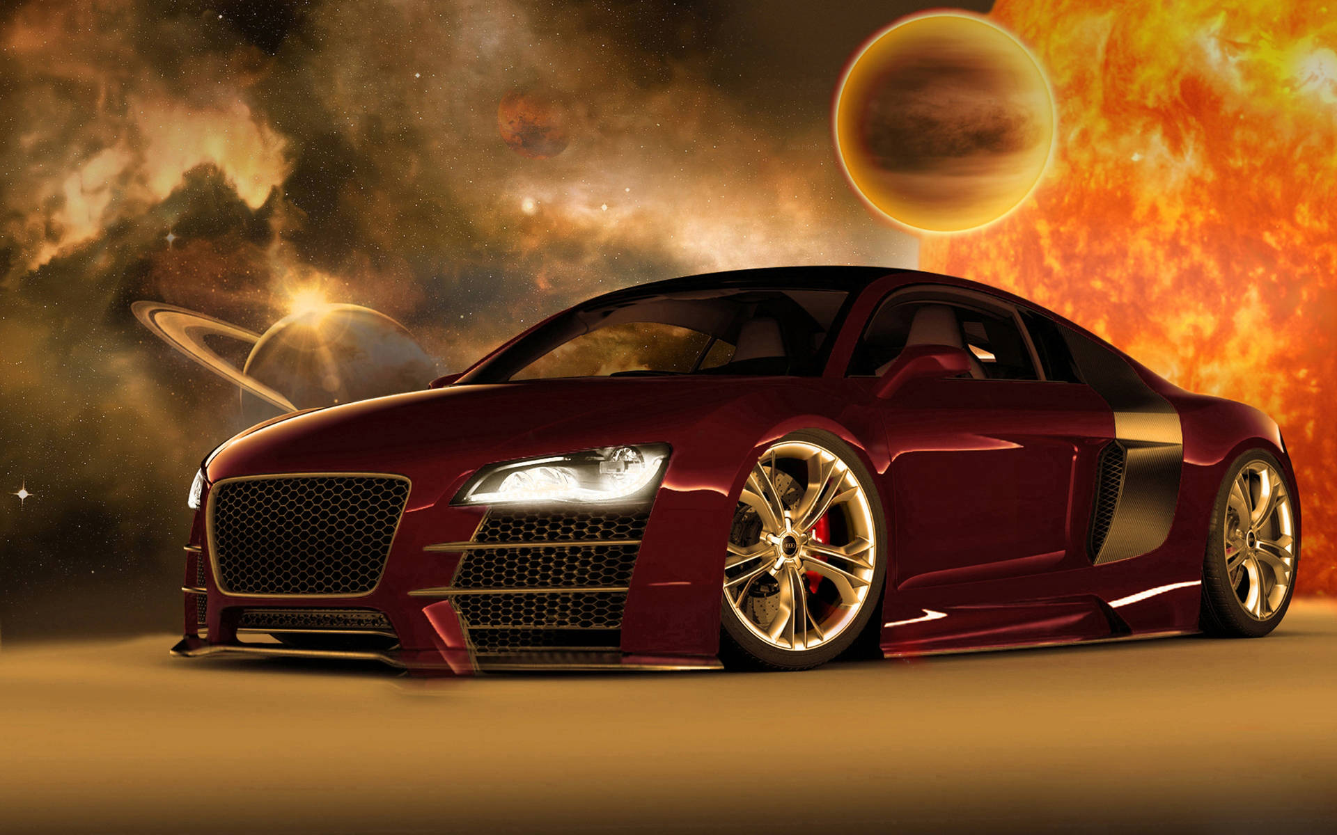 酒紅色跑車在太空中，背景有行星和發光的星雲。