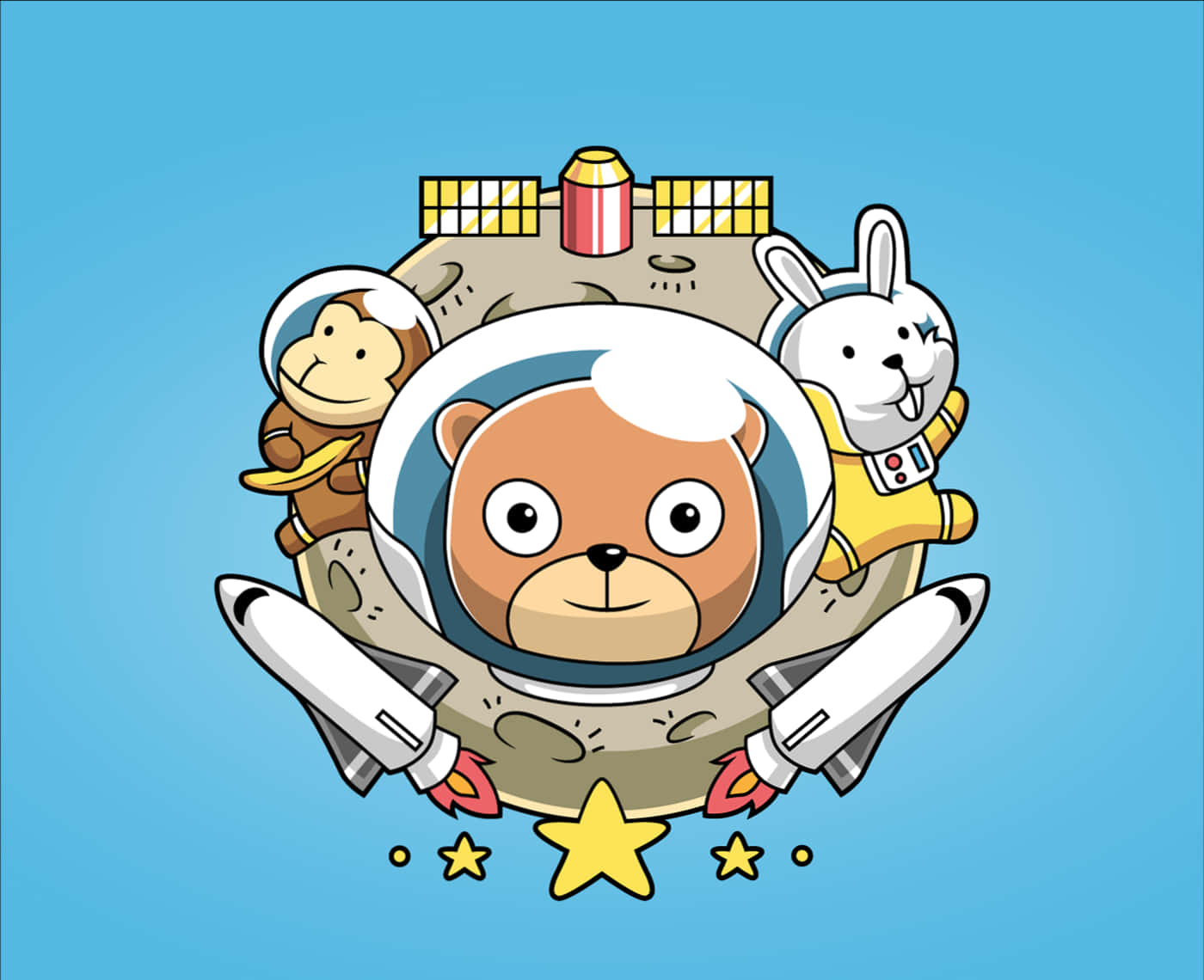 三隻卡通動物穿著太空裝備在月球上，有火箭和星星。