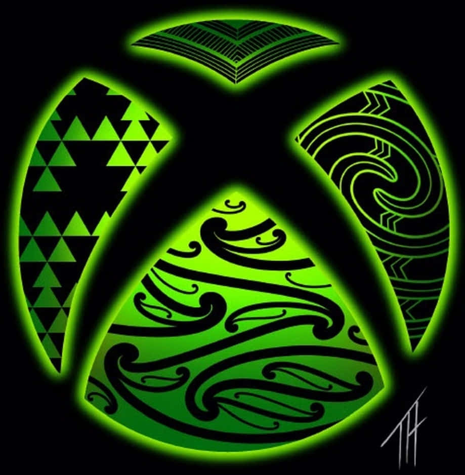 發光的綠色Xbox標誌，每個部分帶有部落設計。