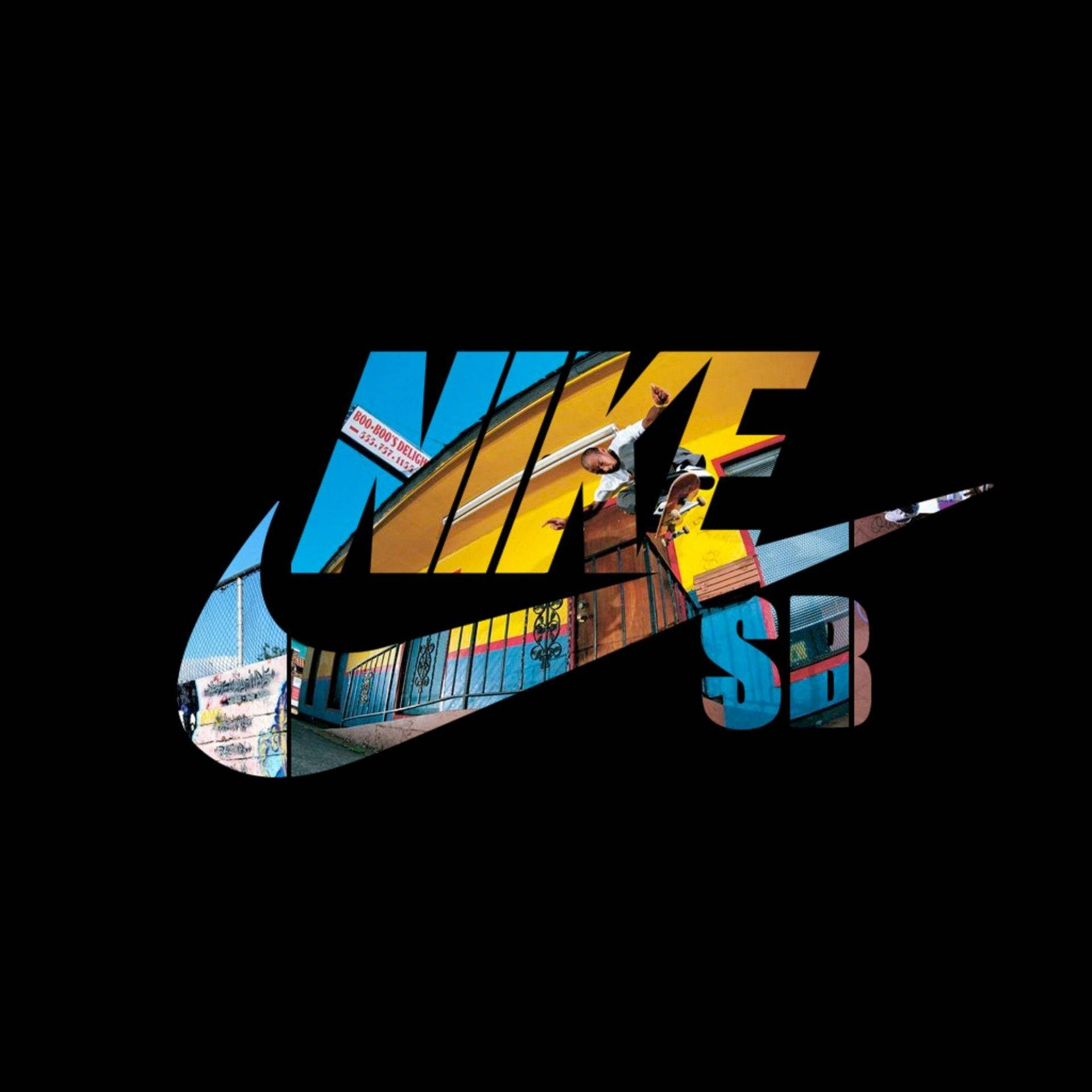 酷炫耐克疊加圖案 壁紙 — 一名滑板手在一個大膽的Nike SB標誌內進行花式動作，標誌充滿都市塗鴉和鮮豔色彩，背景為黑色。