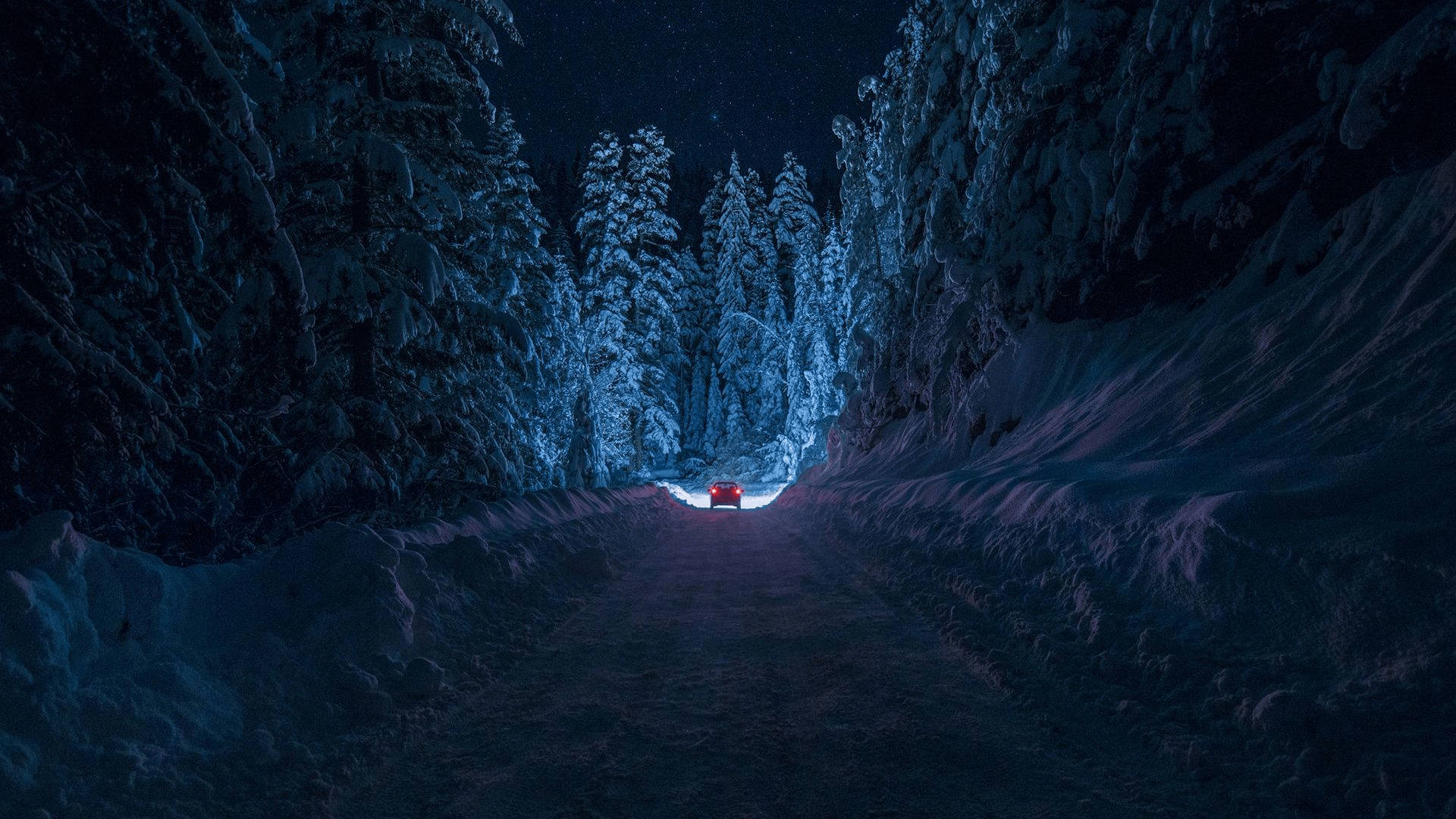 紅色汽車在星空下夜間穿越雪覆蓋的森林
