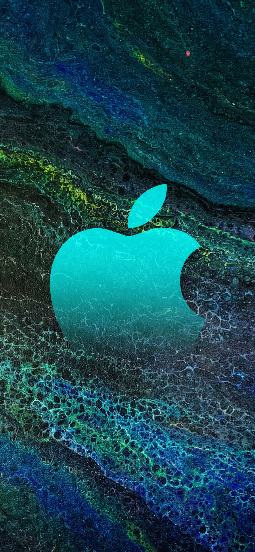 發光青色Apple標誌在抽象深藍綠色紋理背景上