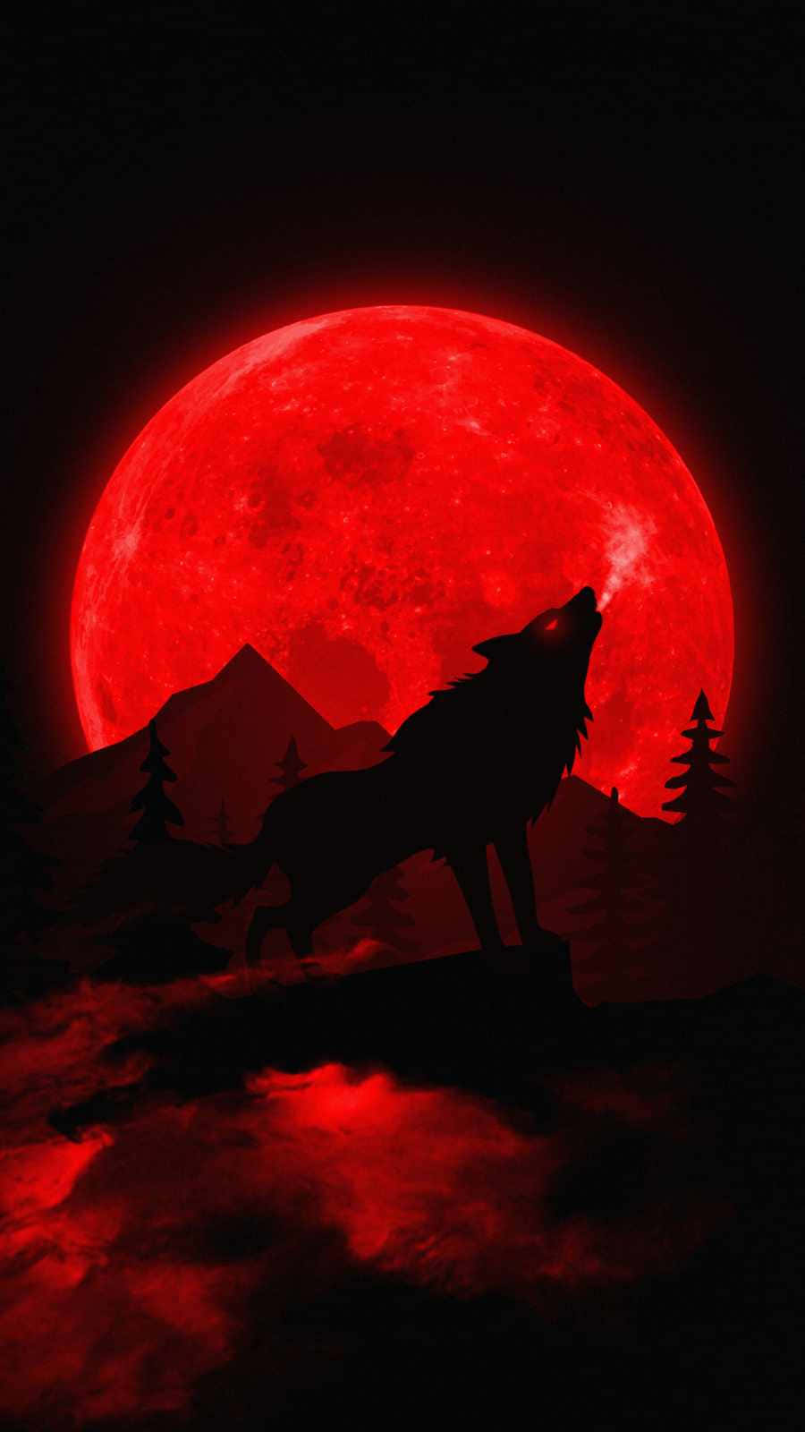 狼在夜間對著山脈和樹木上方的紅月嚎叫。