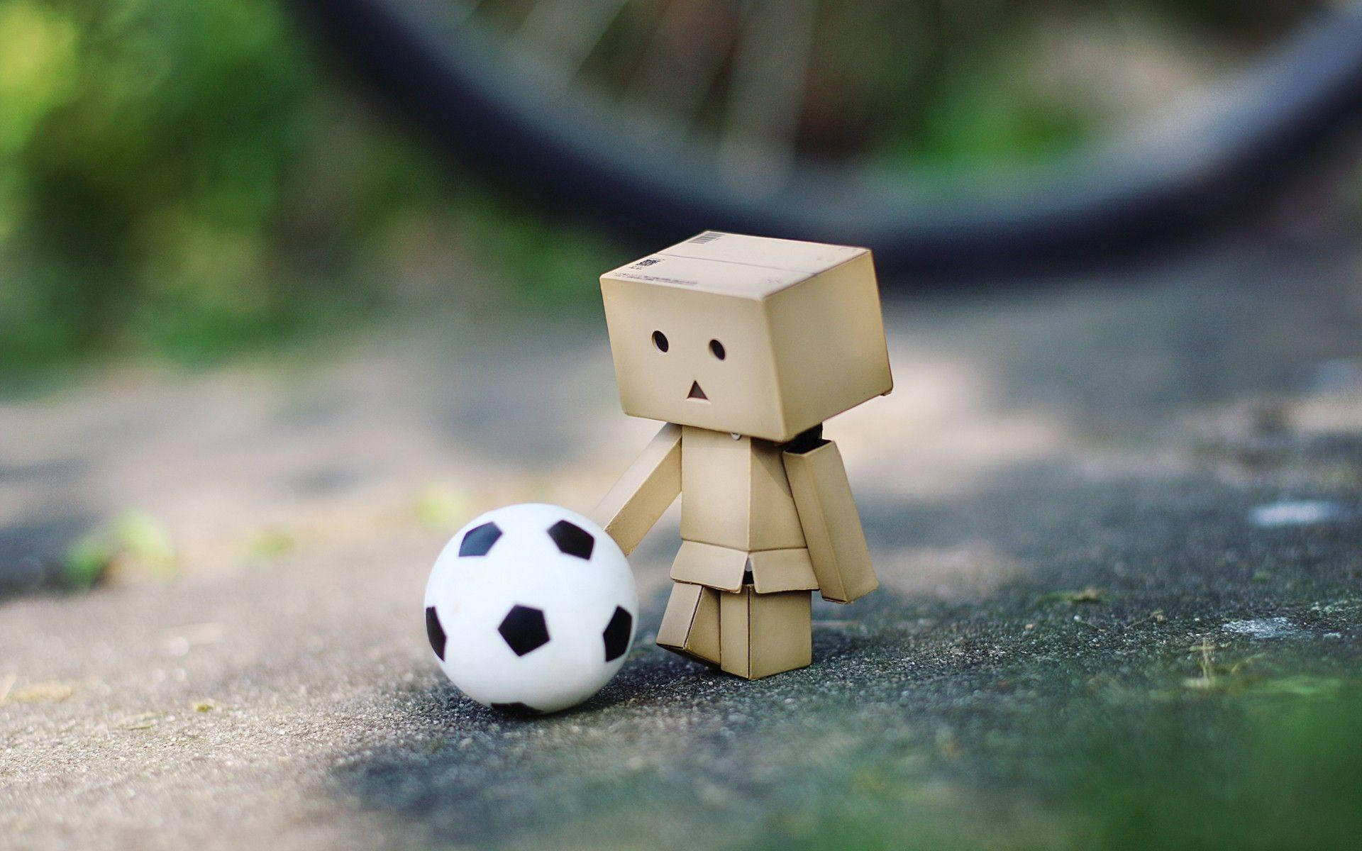 酷炫足球與Danbo 壁紙 — 一個細小的紙板Danbo公仔企喺一條鋪砌嘅小徑上，旁邊有一個經典黑白足球，背景有模糊嘅單車輪。