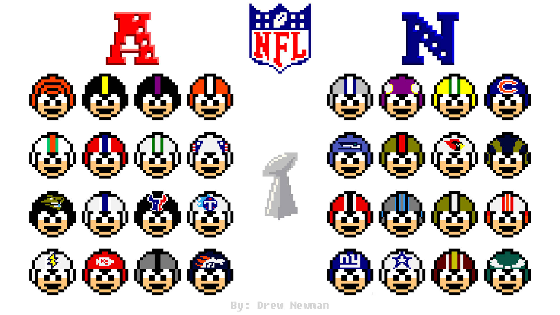酷炫足球運動徽章 壁紙 — 像素藝術網格中的NFL球隊標誌，以笑臉形式呈現，並由NFL標誌和隆巴迪獎盃分隔。