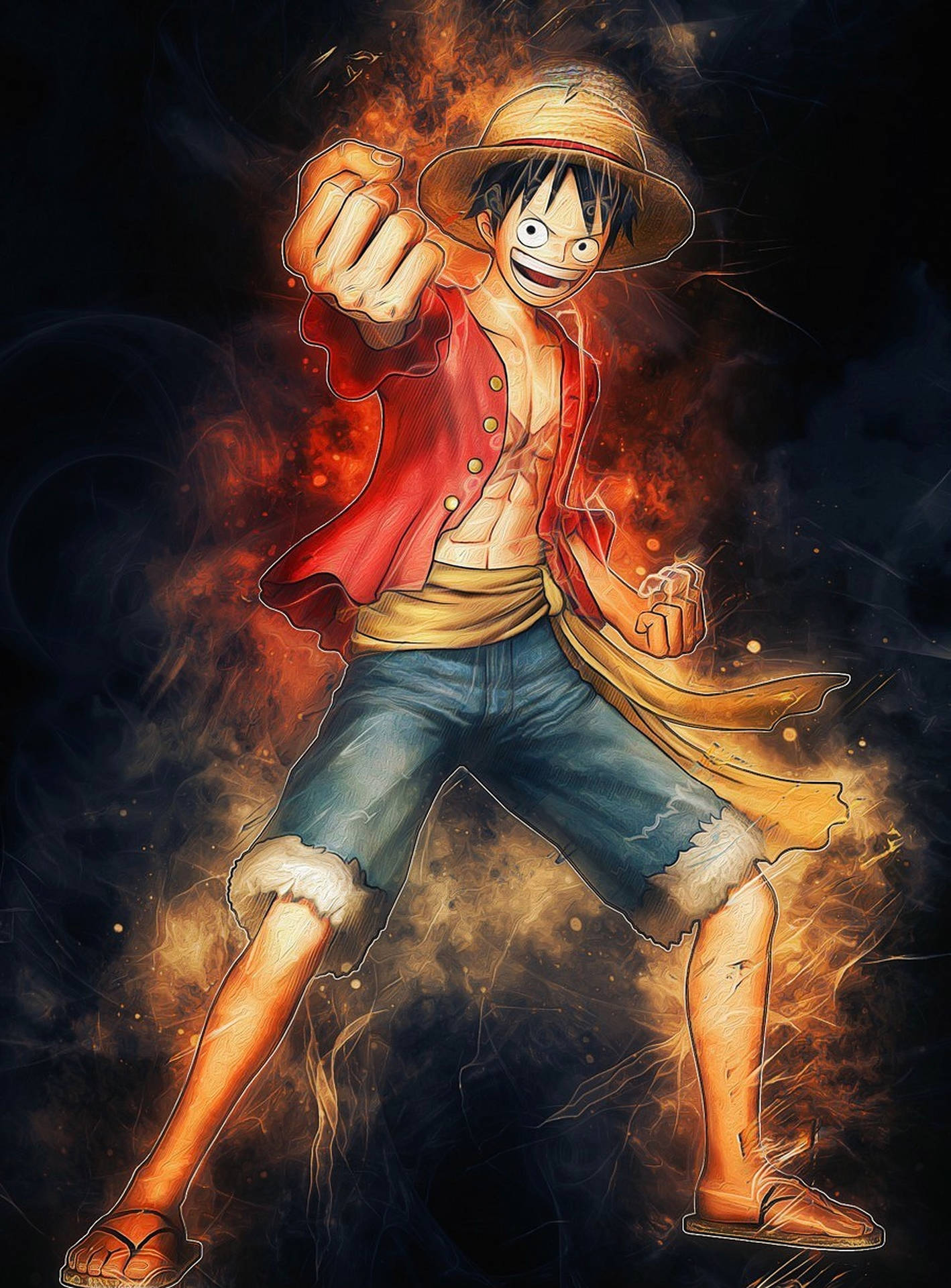 動漫男孩身穿紅色外套和草帽，以火熱的能量揮拳。