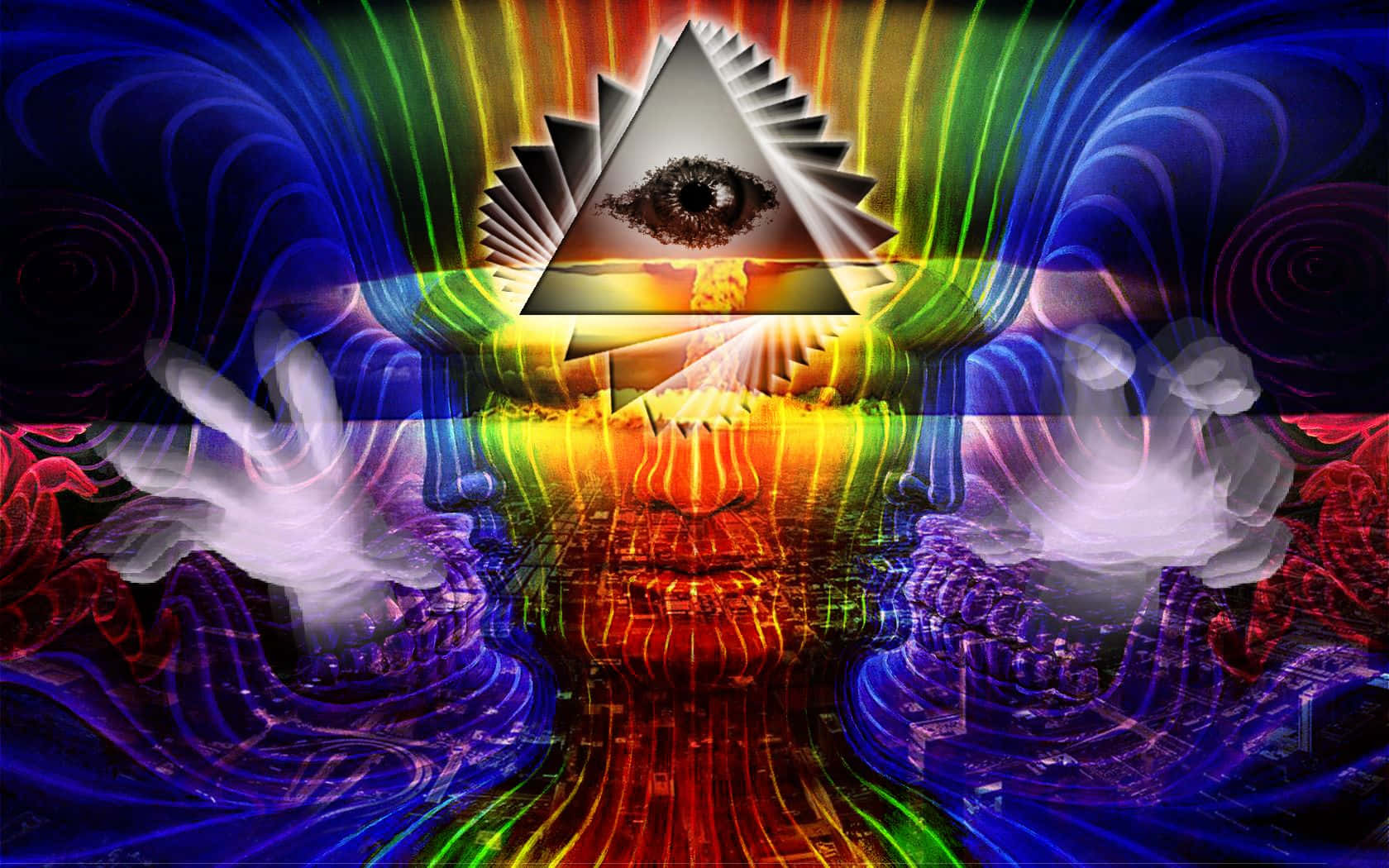 一座發光的金字塔，中央有一隻眼睛，周圍環繞著旋轉的彩虹色和漂浮的手。