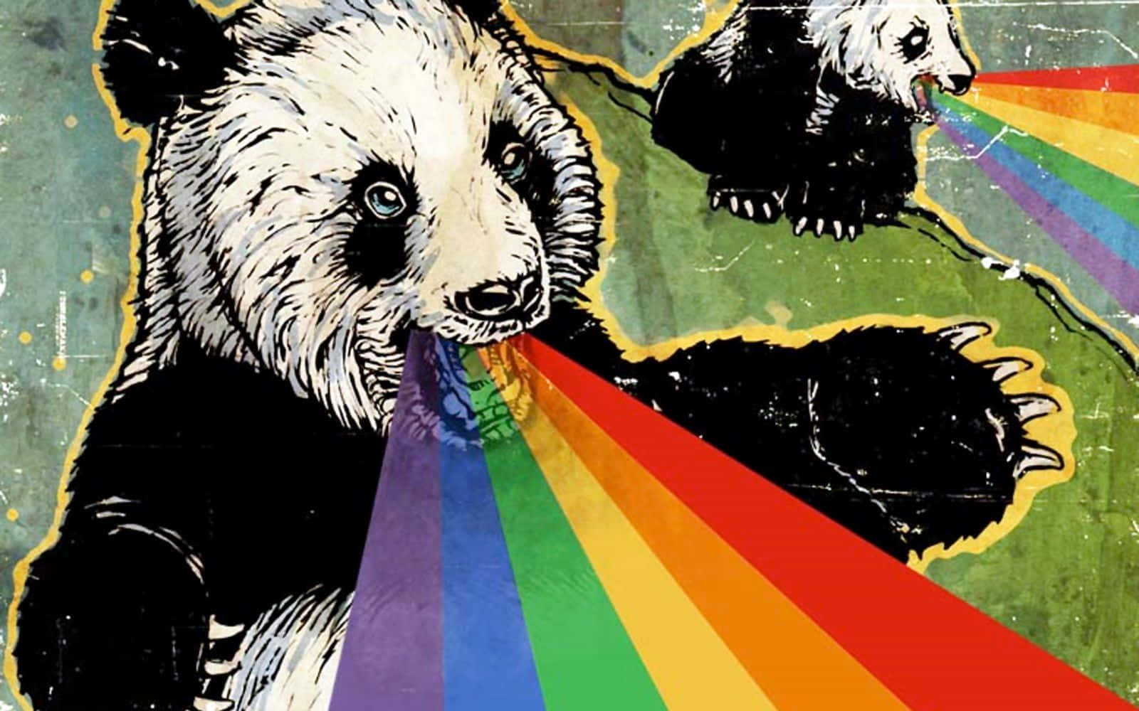 在風格化插圖中，一隻熊呼出彩虹光束。