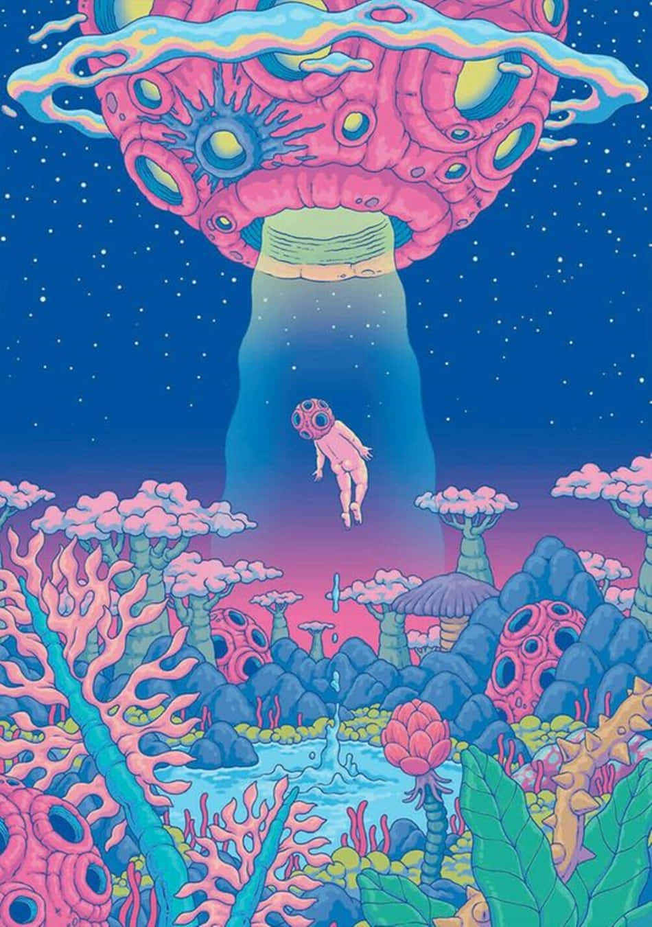 在超現實的景觀中，一個小太空人在巨大的粉紅色外星結構下，靠近發光的池子漂浮。