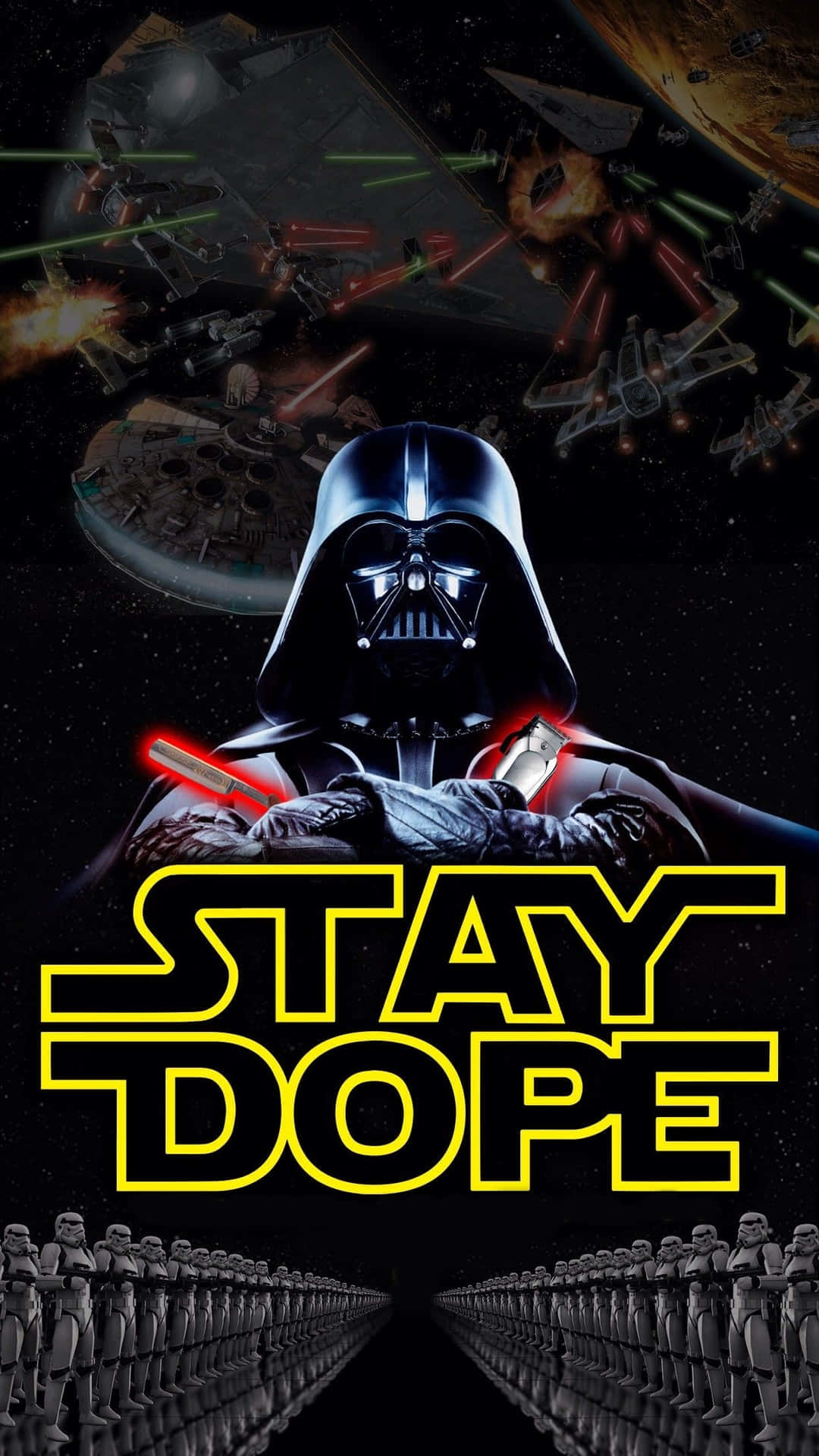 達斯維達在太空中與暴風兵和星際戰鬥機的戰鬥場景。