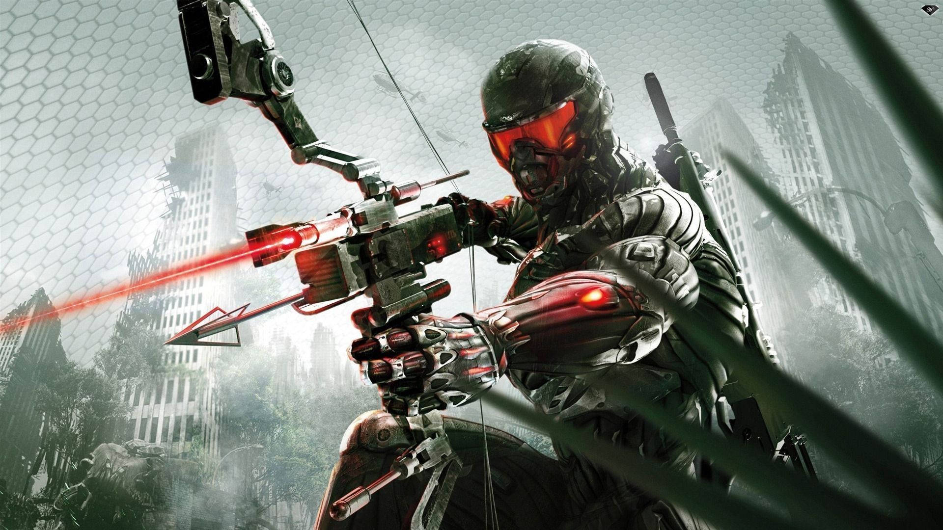 酷炫遊戲 Crysis 3 壁紙 — 一名未來戰士身穿裝甲裝備，用一把高科技弓瞄準霧氣瀰漫的城市天際線，弓上有一支發光的紅色箭矢。