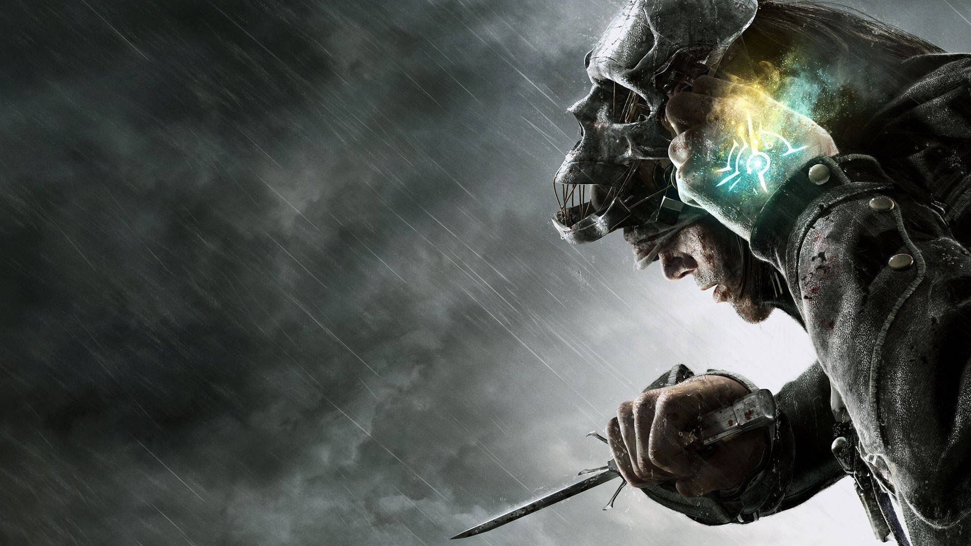 酷炫遊戲 Dishonored 壁紙 — 一名戴著骷髏頭盔的戰士在暴風雨濕透的背景中手持發光神器。