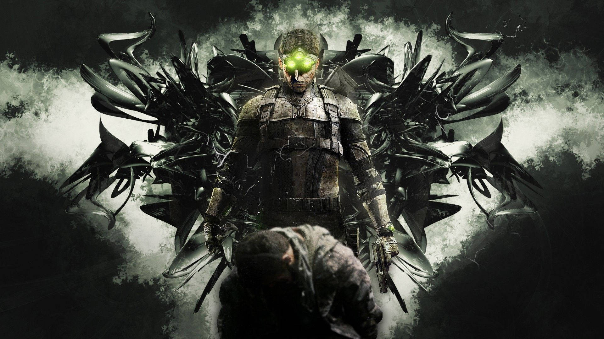 酷炫遊戲 Splinter Cell 壁紙 — 一個帶有發光綠色眼睛和深色金屬翅膀的威脅性裝甲人物，在暴風雨、陰暗的環境中籠罩著一個跪著的人。