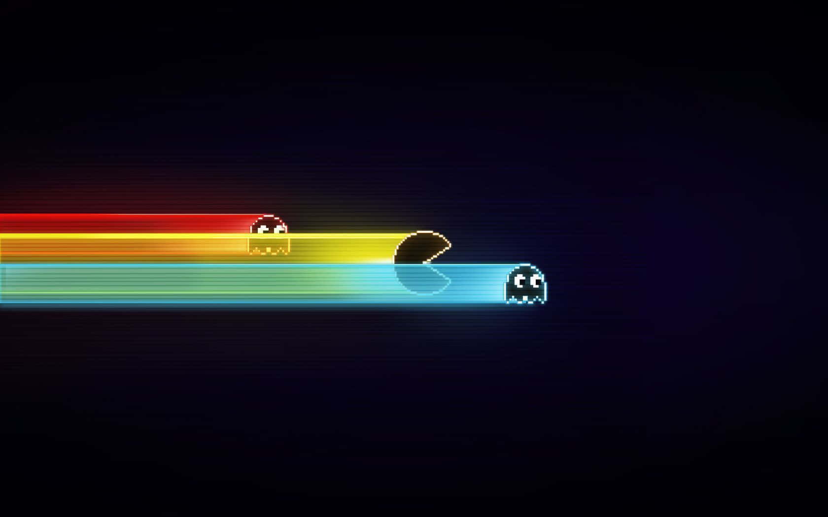 酷炫遊戲動作 壁紙 — 像素化的 Pacman 和鬼魂在黑暗背景上沿著鮮豔的彩虹軌跡滑行。