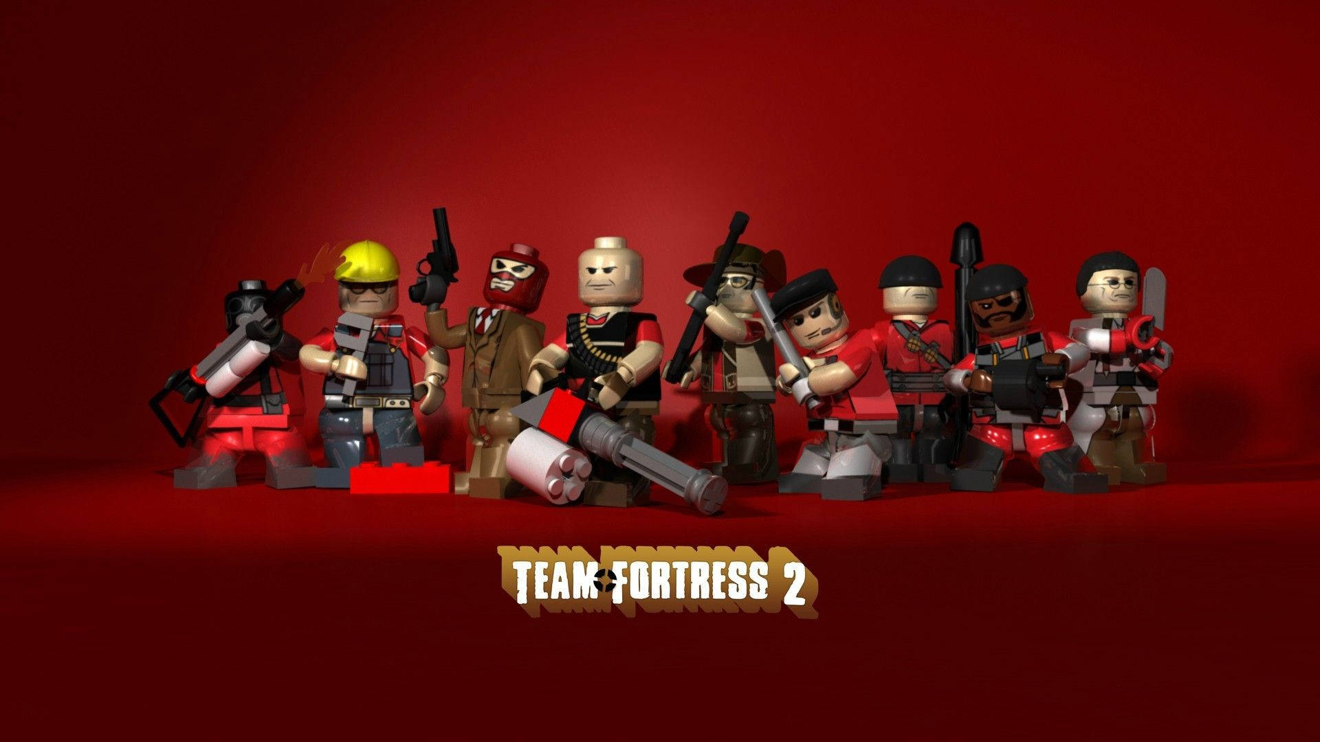 酷炫遊戲壁紙：樂高 隊長戰爭 壁紙 — Team Fortress 2 角色的 LEGO 版本排成一列，背景為純紅色，下方有遊戲標題。