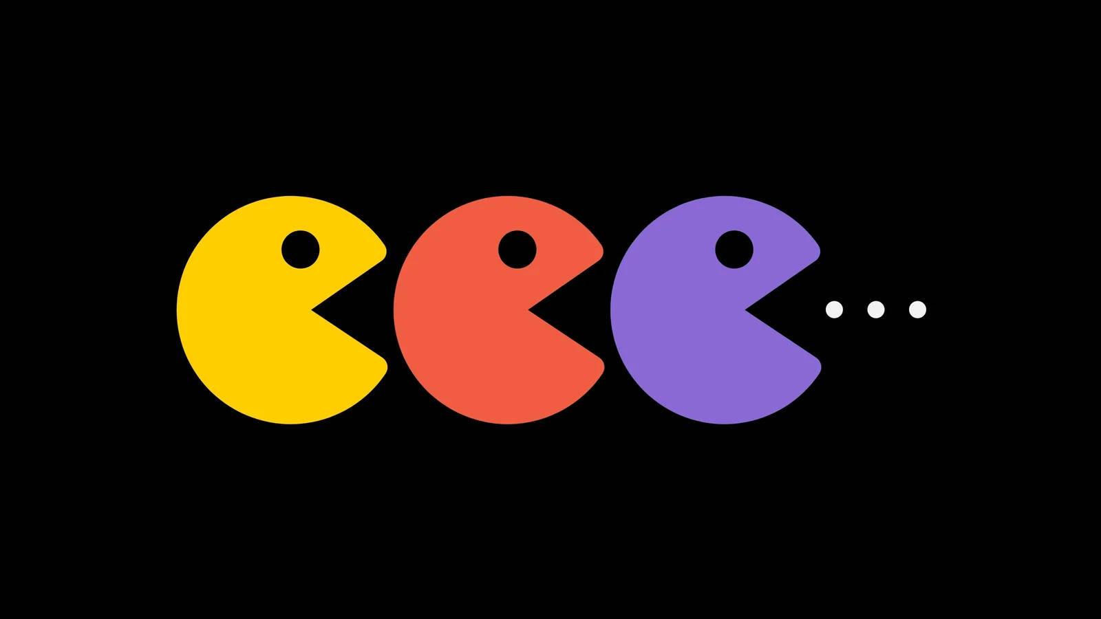 酷炫遊戲桌面吃豆人向量圖案 壁紙 — 三個色彩繽紛的 Pac-Man 角色，分別為黃色、紅色和紫色，在黑色背景上向左行進，帶有尾隨的點點。