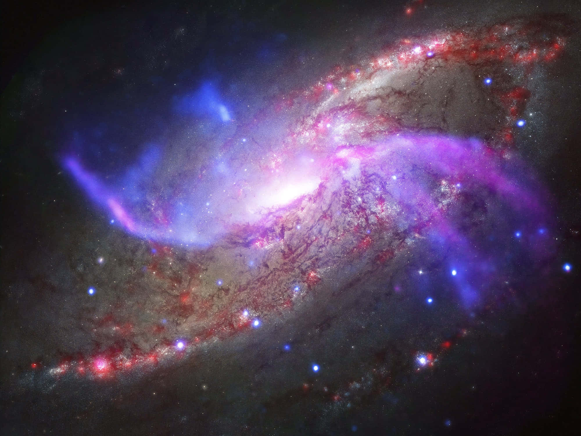 酷炫銀河焰火圖像 壁紙 — 一個充滿活力的螺旋星系在黑暗的宇宙背景下旋轉，散發著發光的紫色、藍色和紅色星雲。