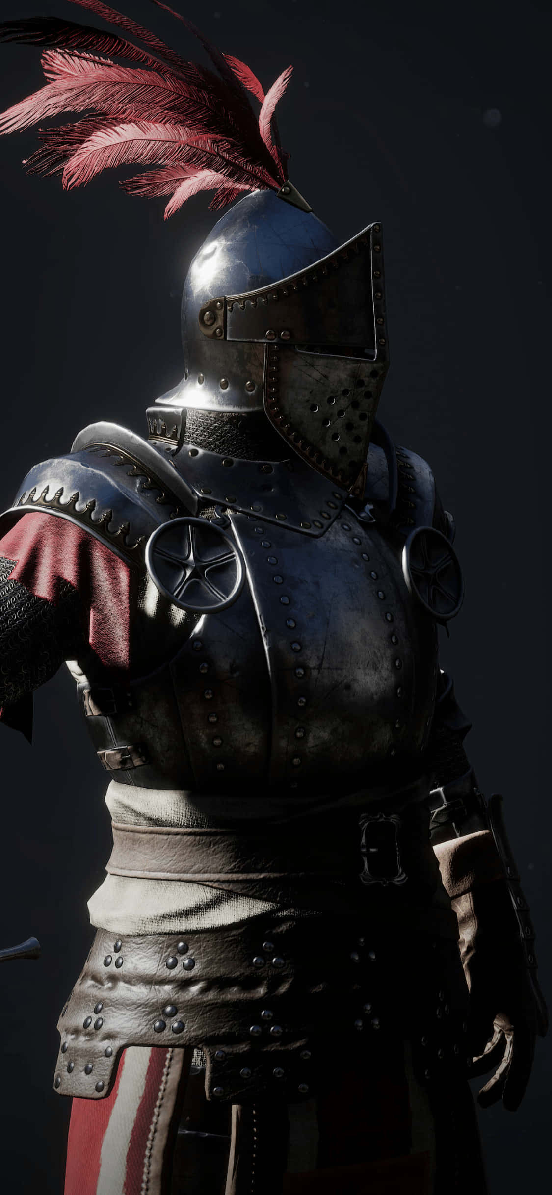 酷炫銀色戰士 iPhone XS Mordhau 背景 壁紙 — 一位身穿精細金屬盔甲、頭戴紅色羽毛飾的騎士，在昏暗光線下站在深色背景前。