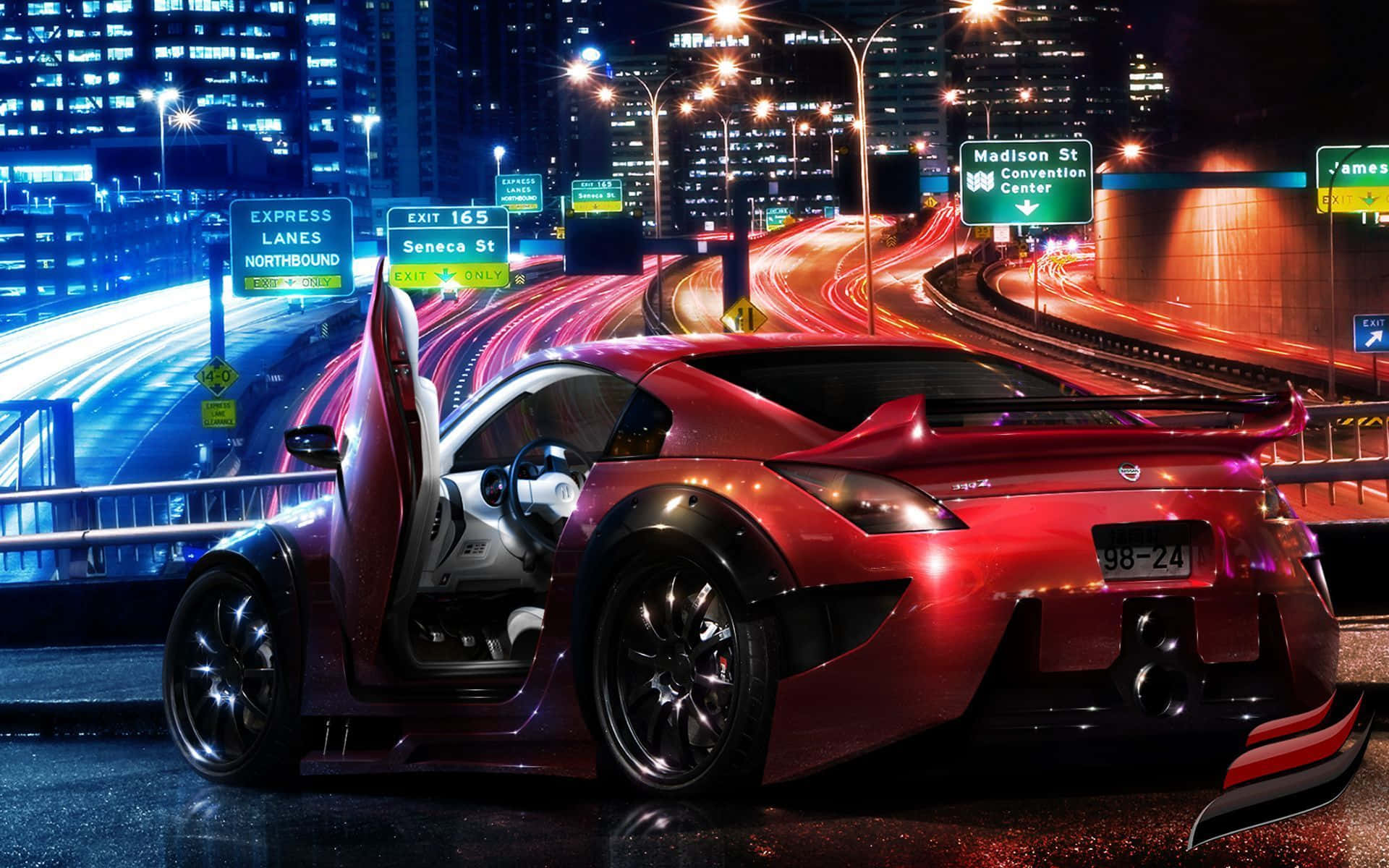 紅色跑車夜間停在濕滑高速公路上，背景有模糊的交通燈光。
