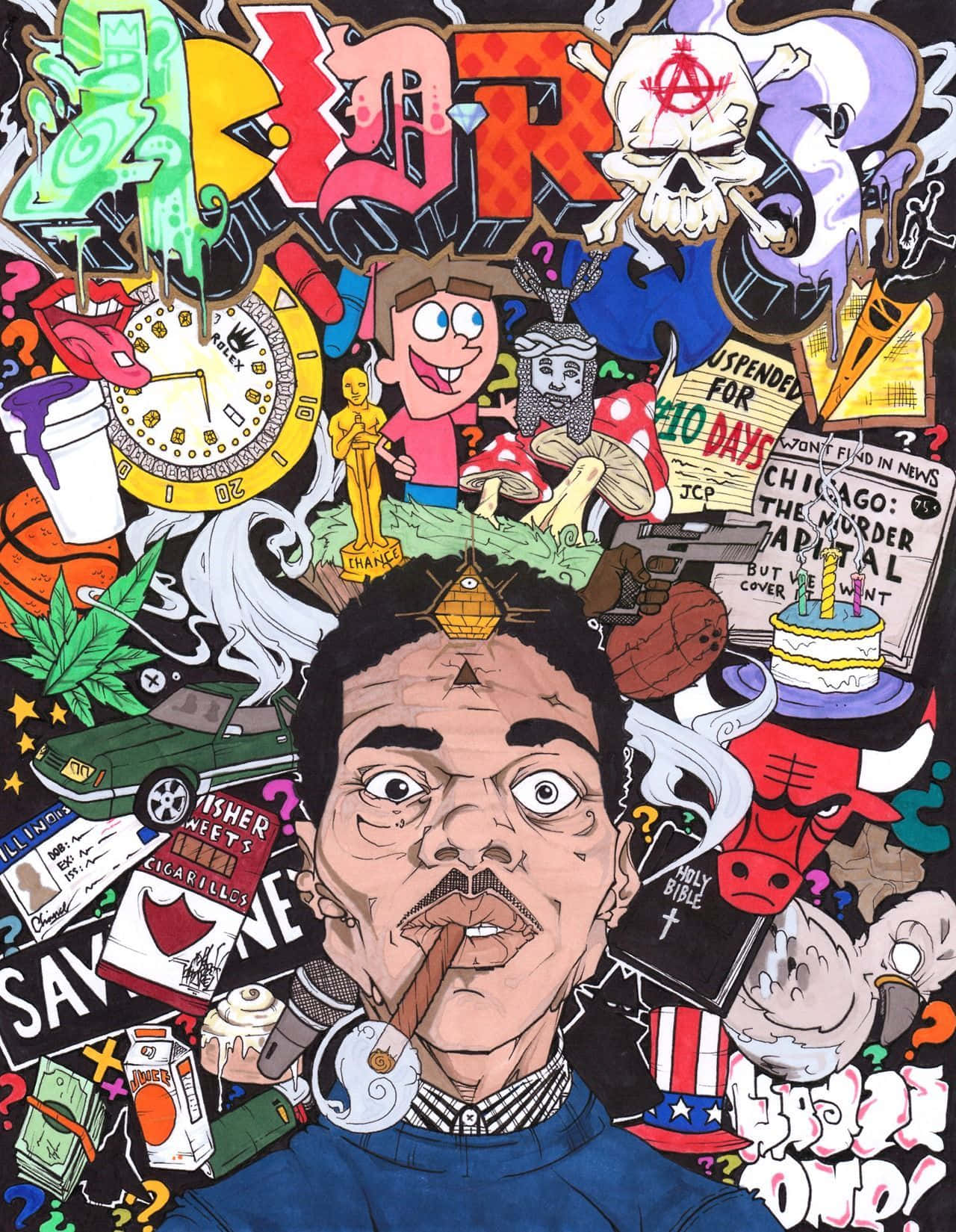 酷炫饒舌歌手 Chance The Rapper 壁紙 — 一個充滿活力的混亂插圖，描繪一個被流行文化圖標、塗鴉符號和超現實物體包圍的男人，使用大膽的色彩。