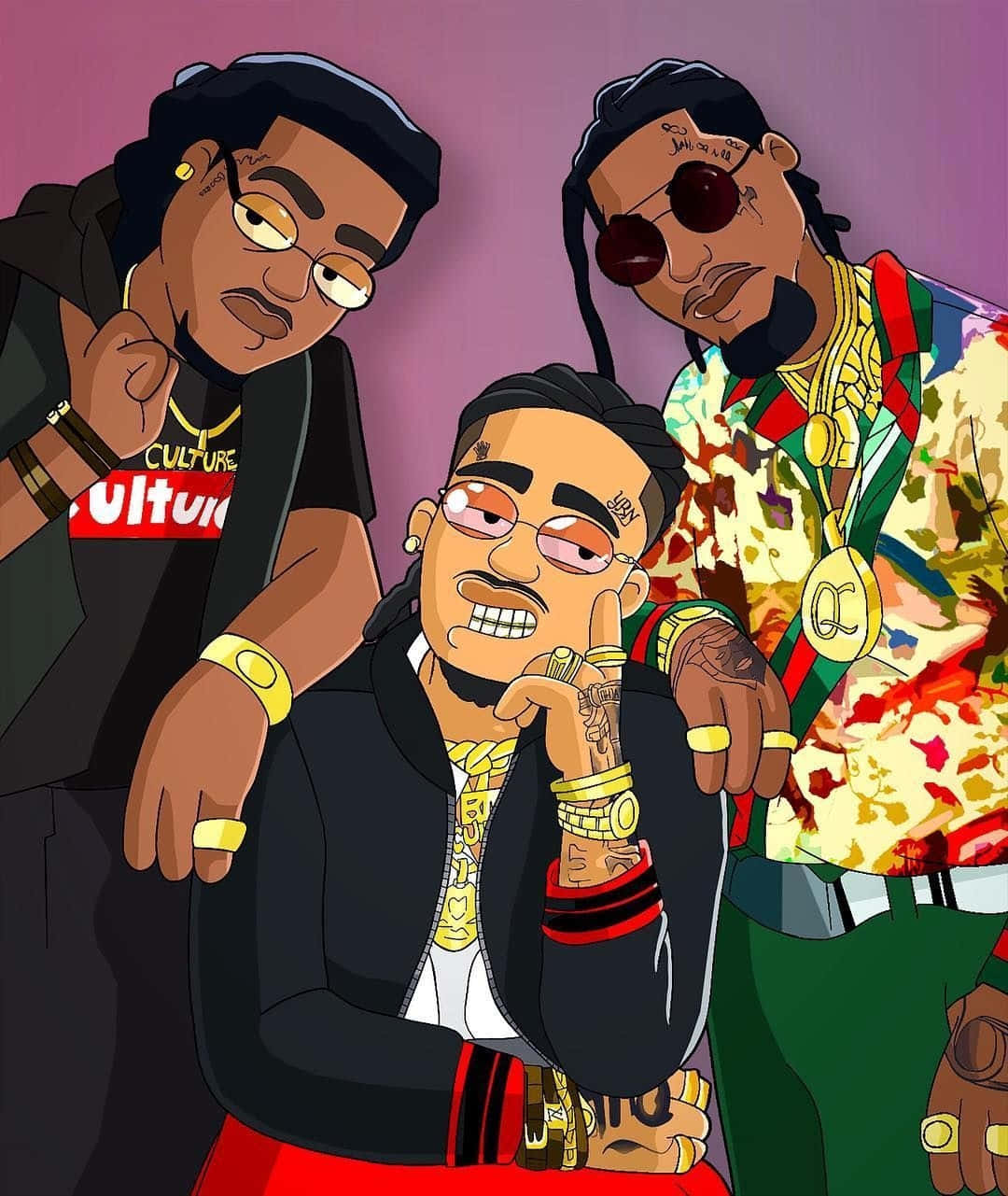 酷炫饒舌歌手 The Migos 壁紙 — 三個風格化的卡通說唱歌手穿著閃亮的服裝，在紫色背景前自信地擺姿勢。