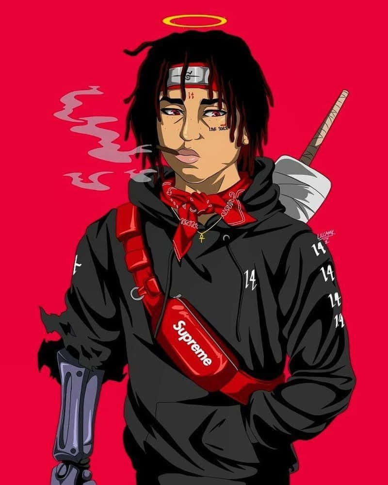 酷炫饒舌歌手 Trippie Redd 壁紙 — 一個風格化的動漫角色，擁有辮子頭和光環，穿著黑色連帽衫和紅色Supreme袋，在鮮紅色的背景前吸煙。
