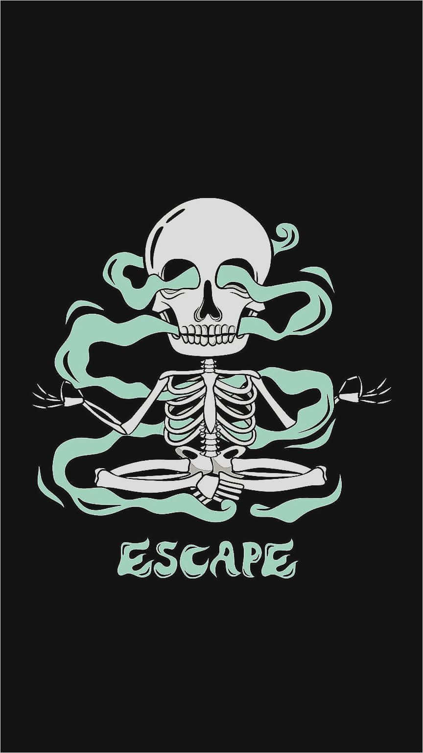 一個冥想姿勢的骷髏，伴隨著青綠色的煙霧，文字顯示為escape。