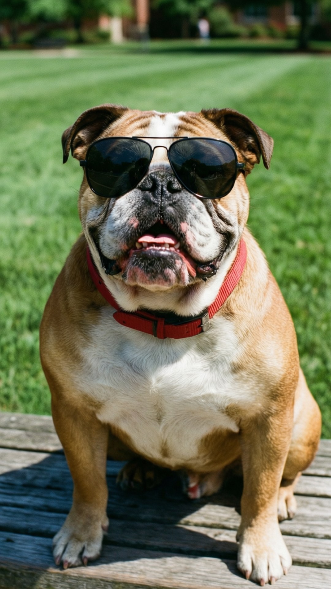 一隻戴著飛行員太陽眼鏡的鬥牛犬在陽光明媚的日子裏坐在草地公園的木長椅上。