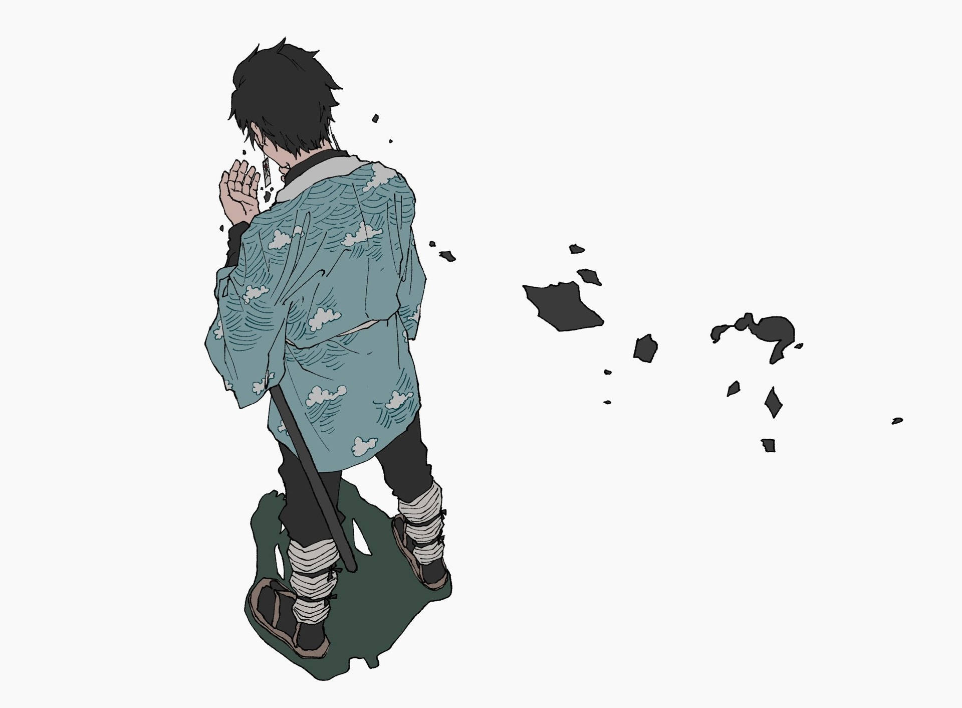 酷炫鬼滅之刃竈門炭治郎 壁紙 — 一個穿著雲紋長袍的年輕動漫男孩，手持法杖，黑暗碎片從他身上飄離，背景樸素。