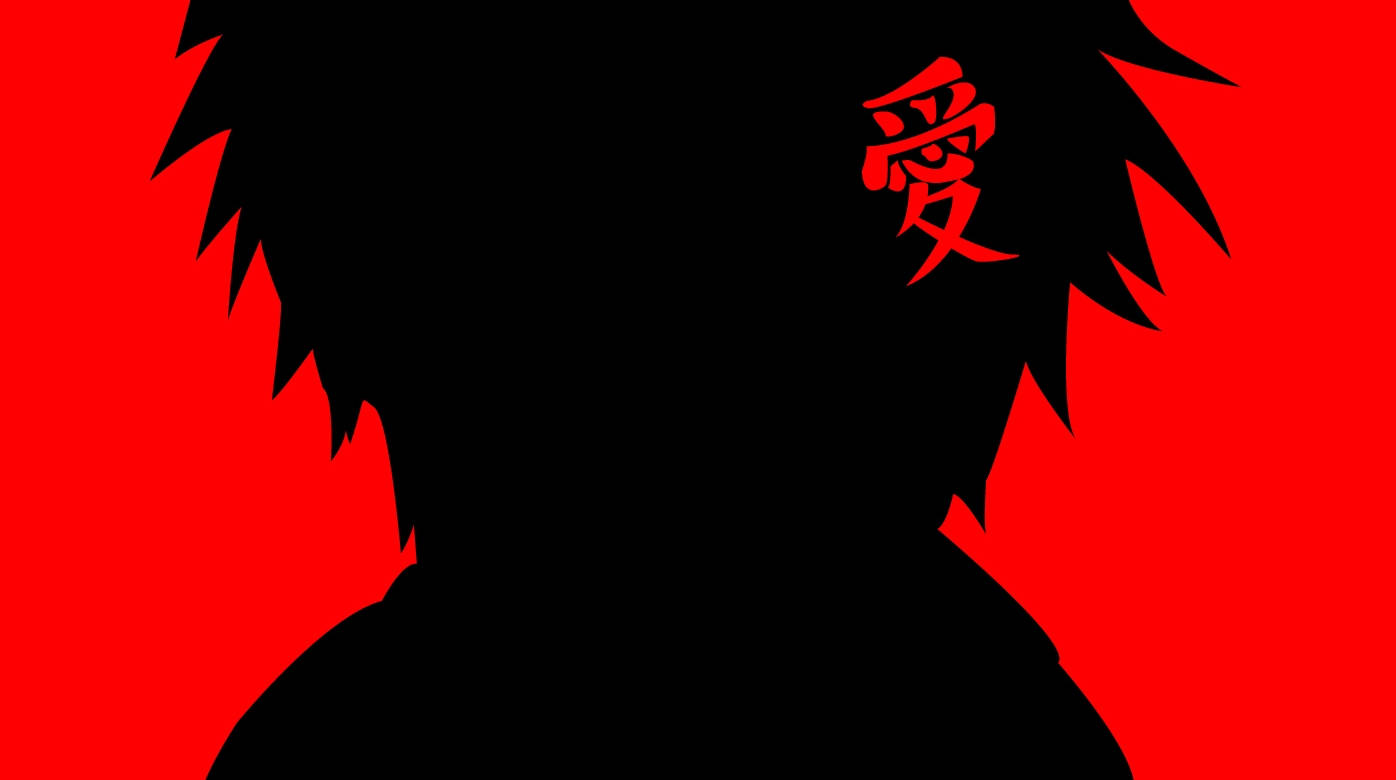 黑色動漫角色剪影，額頭上有紅色漢字，背景為紅色。