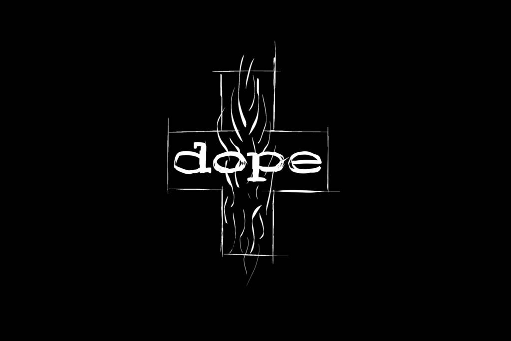 黑色背景上十字架內白色塗鴉風格文字 dope。