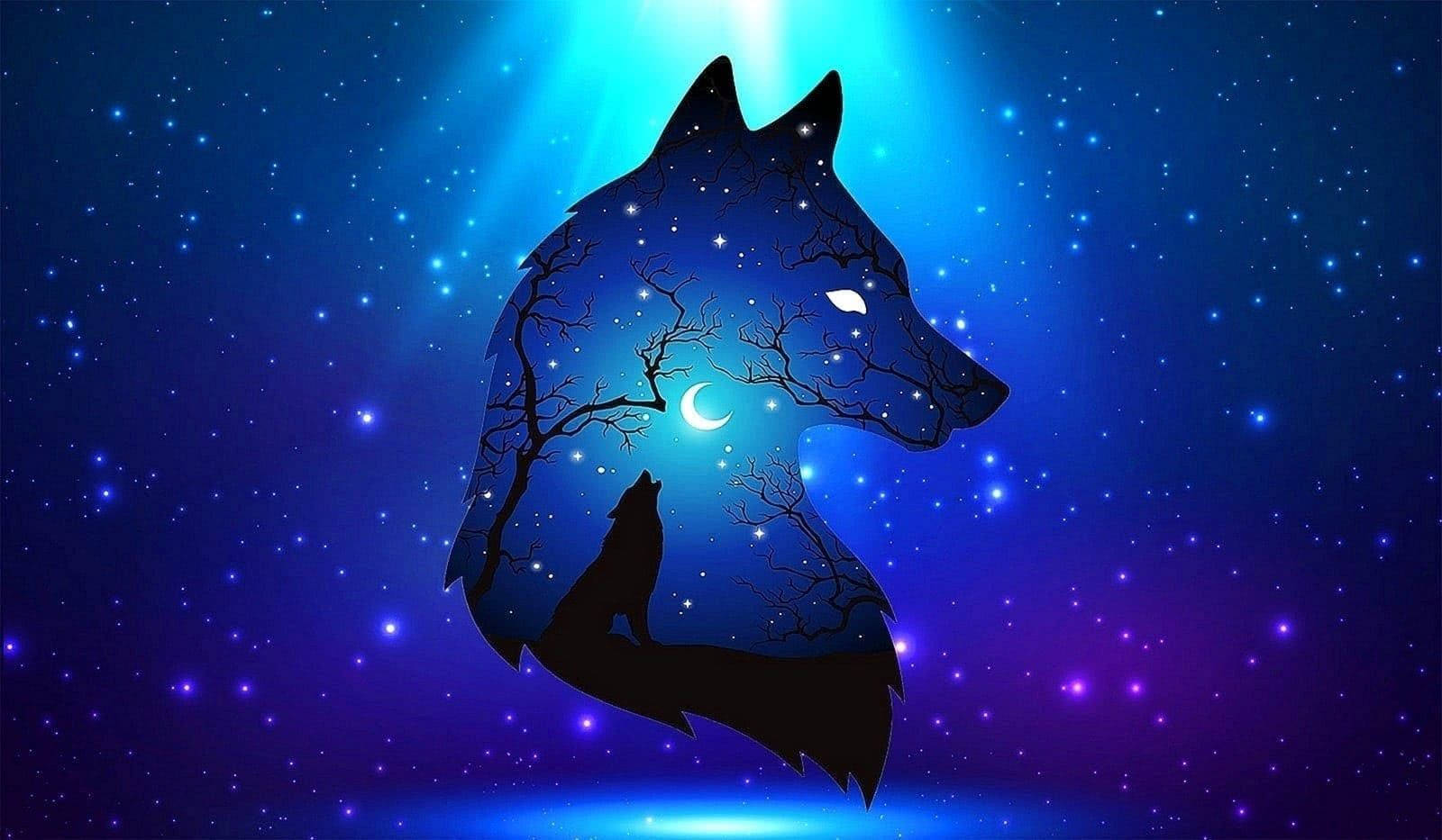 酷炫黑狼月夜嚎叫圖案 壁紙 — 狼的剪影，背景是星空夜空，頭部內有發光的藍色光芒和彎月。