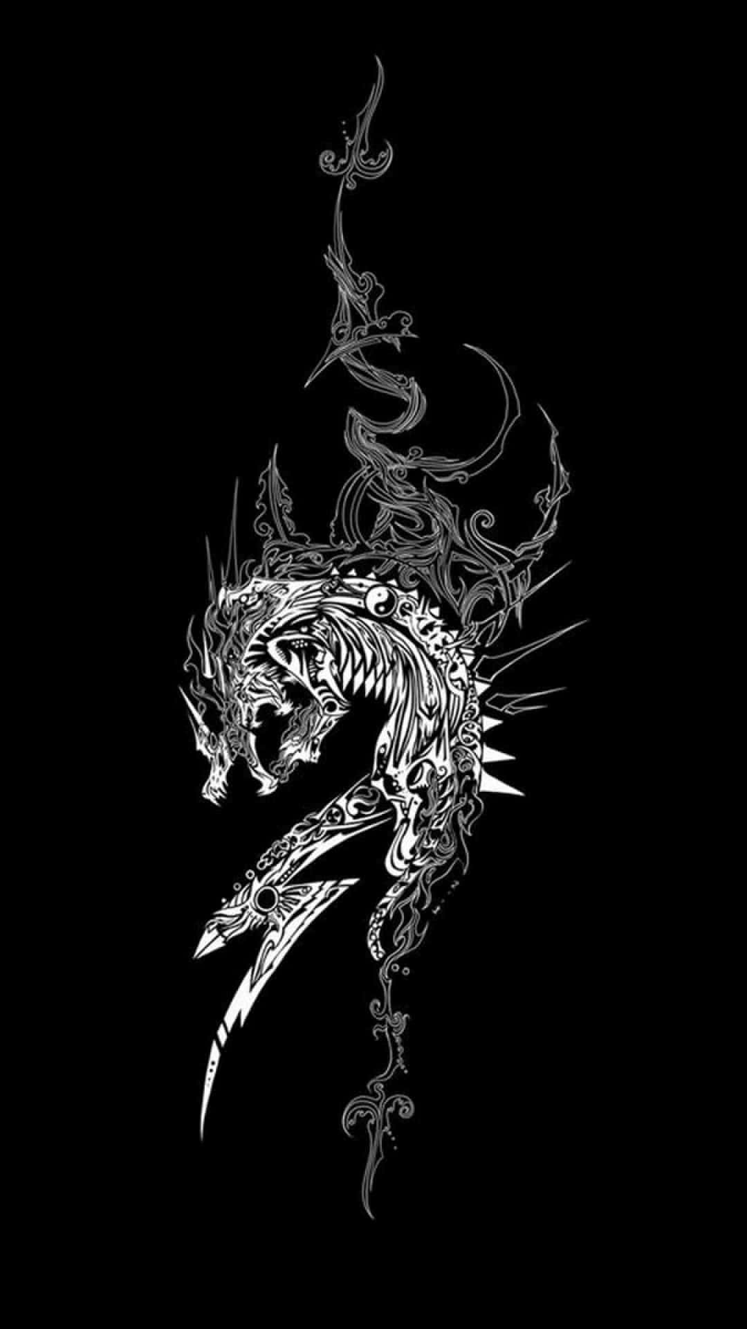 酷炫黑色風格暗黑龍 壁紙 — 一隻兇猛的白色彩繪龍，帶有華麗圖案和鋒利尖刺，在純黑背景上浮現。
