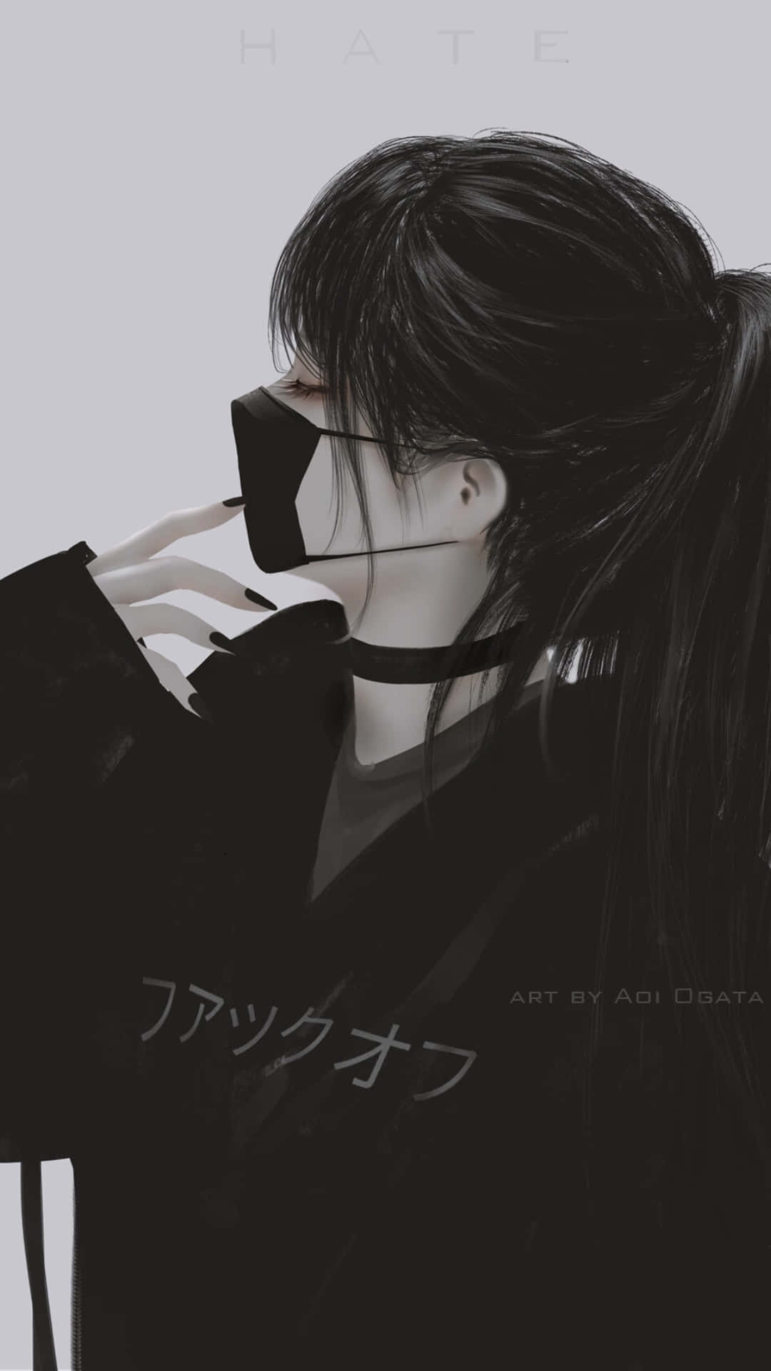 黑髮戴口罩的動漫女孩，戴着手套的手靠近下巴，側視着。