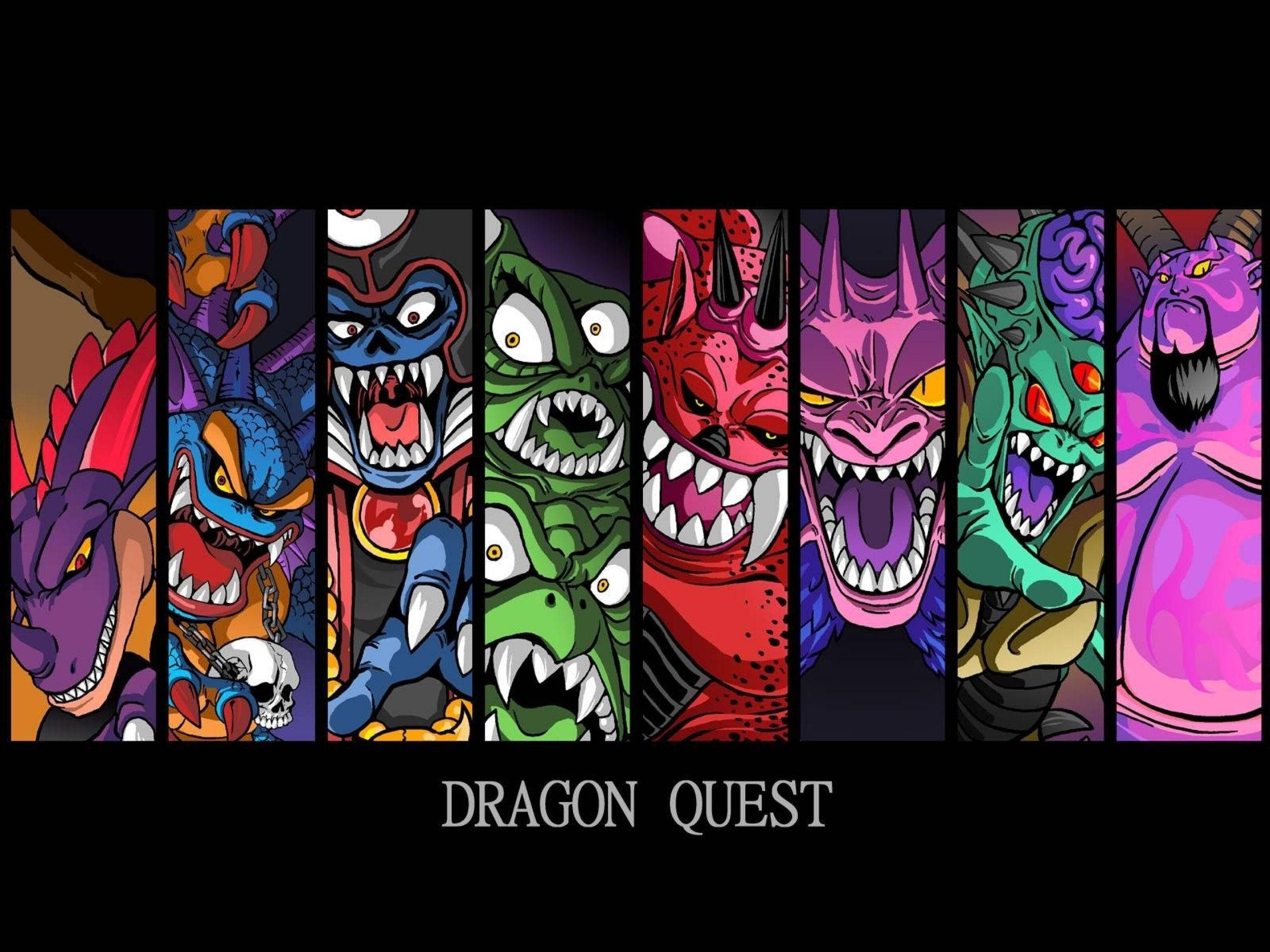 酷炫龍 Quest 怪物 壁紙 — 黑色背景上，八隻擁有鋒利牙齒和發光眼睛的威嚇性勇者鬥惡龍怪物生動排列。