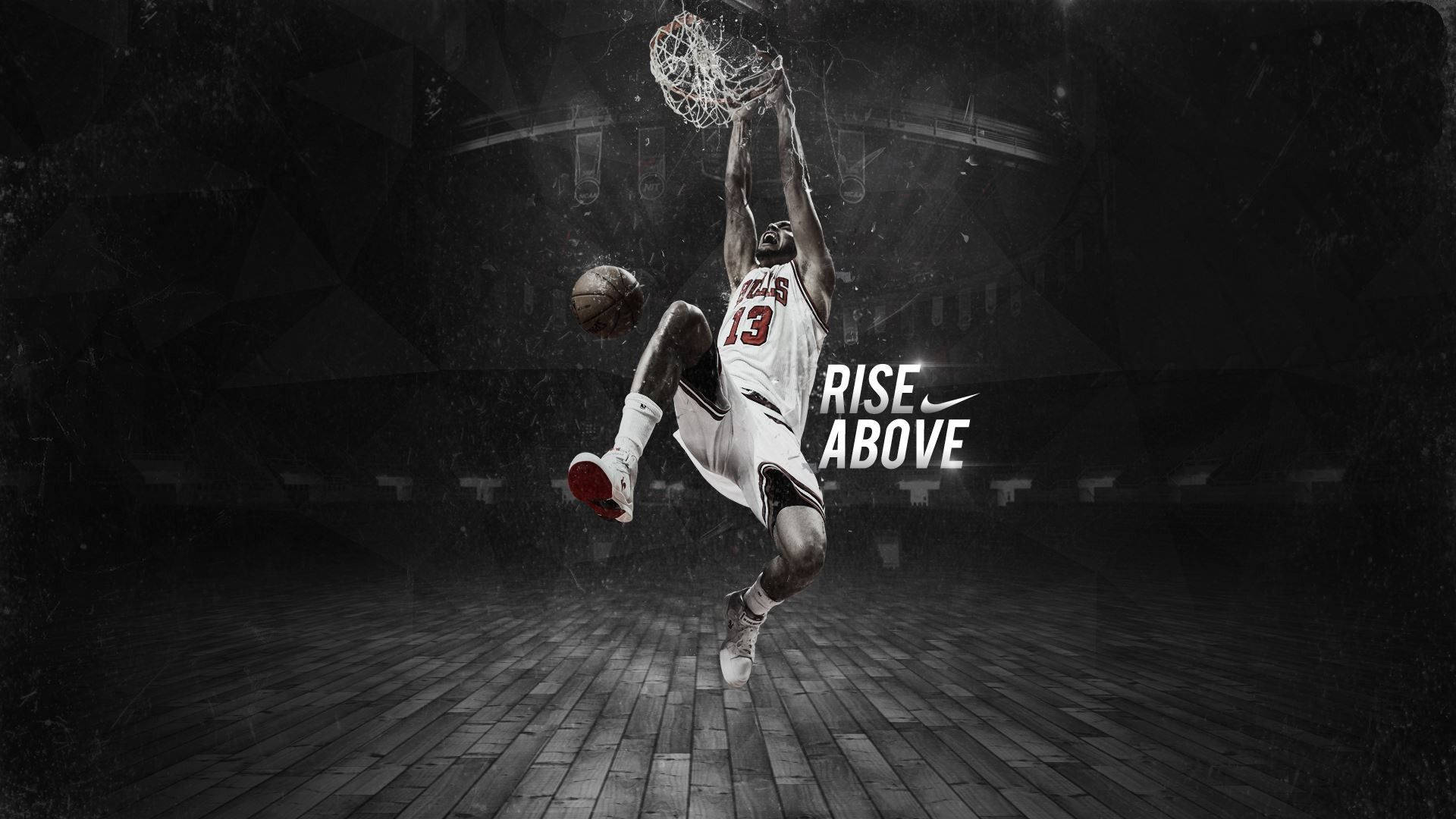酷籃球 Rise Above 壁紙 — 一名籃球運動員在空中以強烈的專注力灌籃，背景是黑暗粗糙的球場。