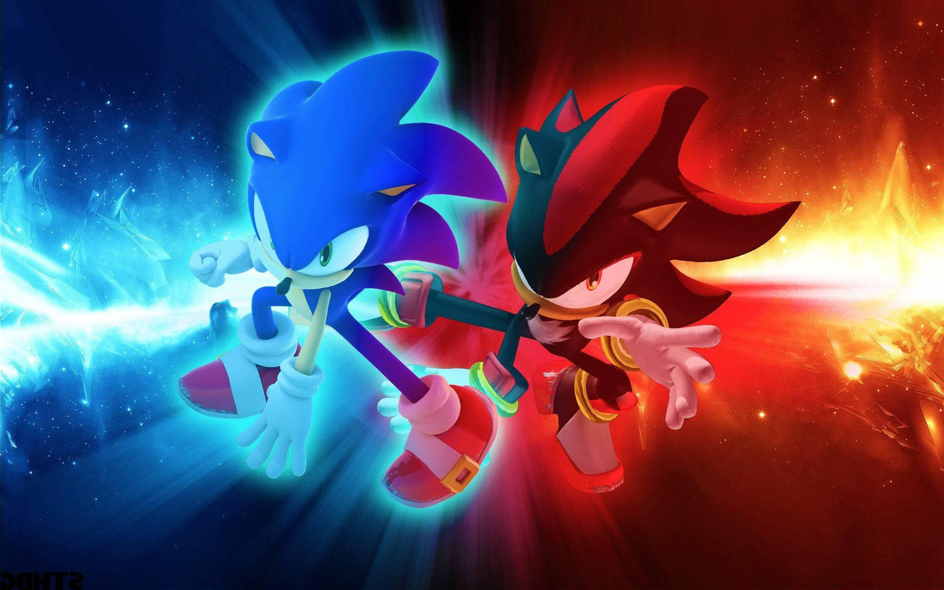 Sonic 與 Shadow 在宇宙背景下擺出閃耀的戰鬥姿勢。