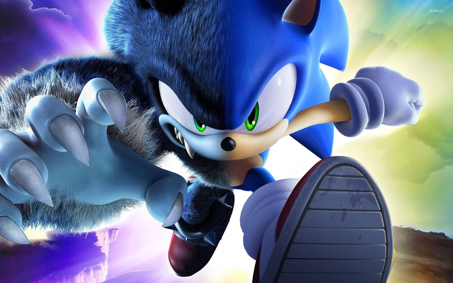 Sonic the Hedgehog 在色彩繽紛的天空下伸出爪子奔跑。