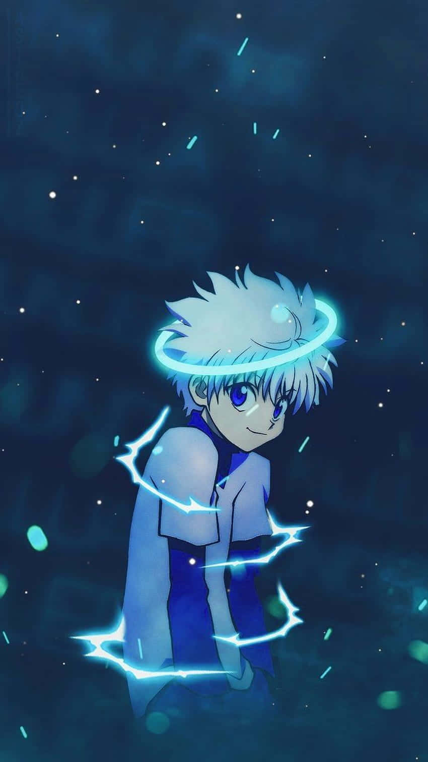 白髮藍眼的動漫男孩，在繁星點點的夜空中被發光的電能包圍。