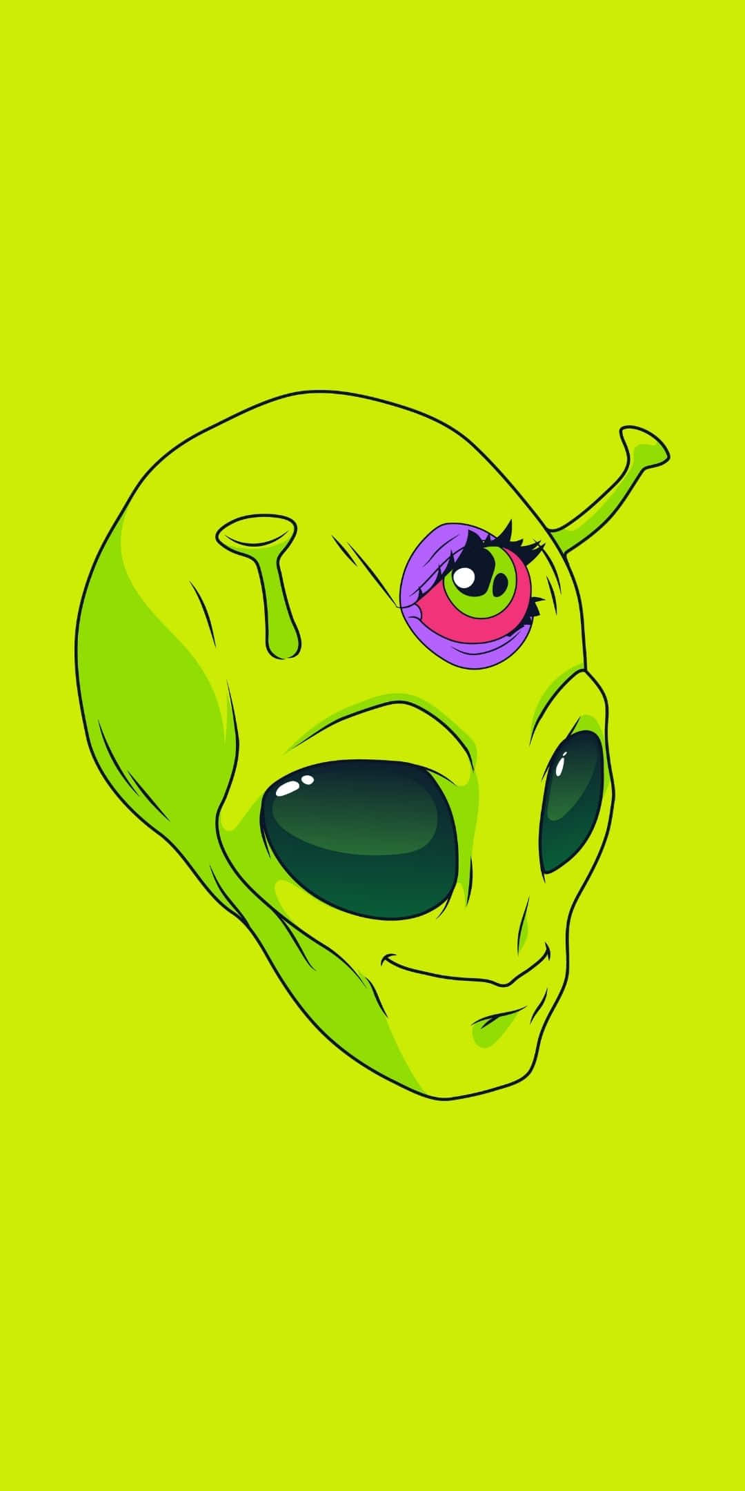 酷起來！ 壁紙 — 一個卡通風格的綠色外星人頭部，有一個大眼睛和一個細小多彩的眼睛，背景是明亮的青檸綠色。