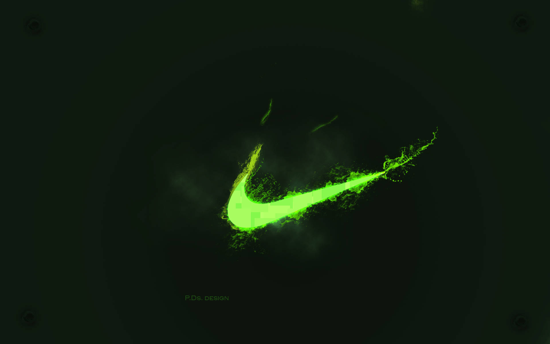 深色背景上帶有粒子爆發效果的霓虹綠色Nike勾勾標誌。