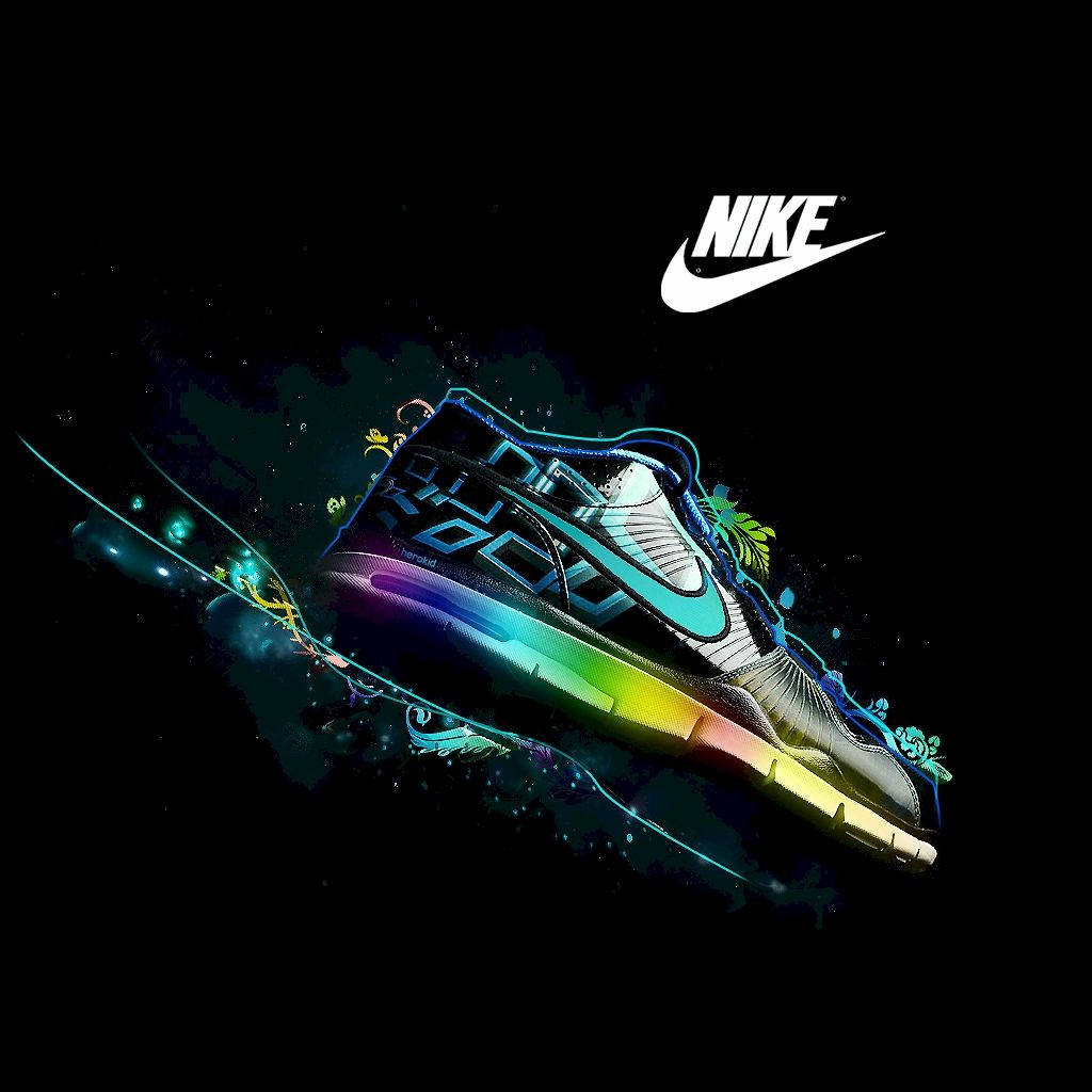 一雙發光的彩虹鞋底Nike運動鞋，漂浮在帶有霓虹軌跡的宇宙場景中。